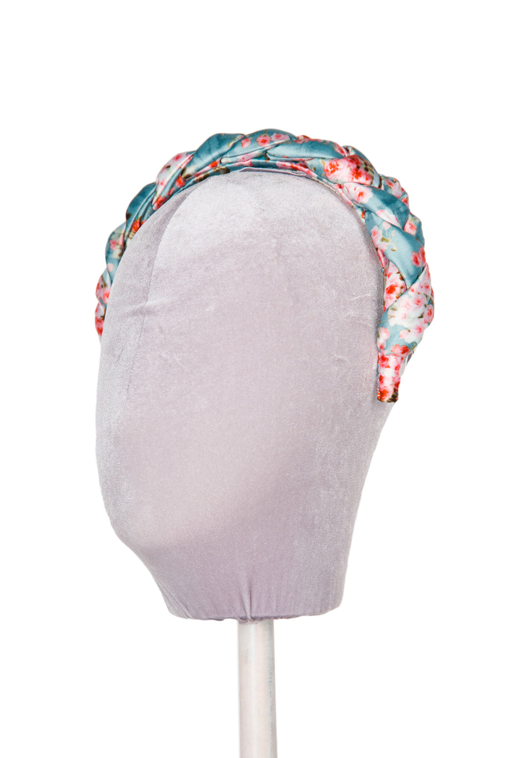 Fascia per capelli intrecciata con boccioli di rosa in raso lucido blu