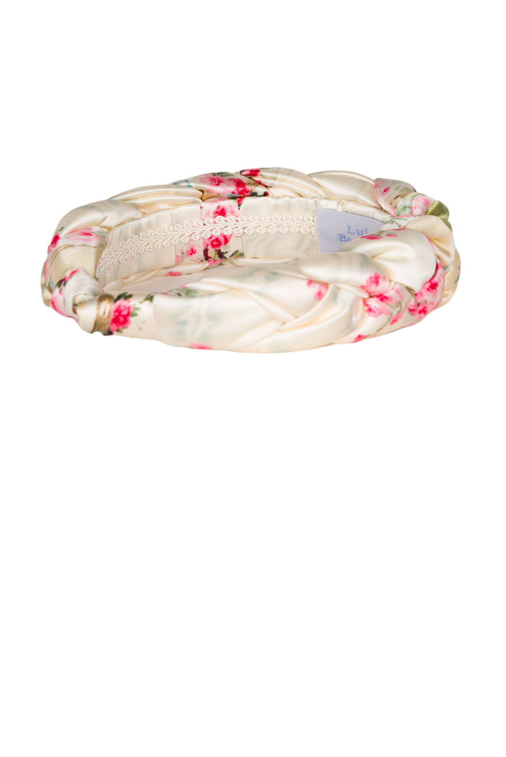 Fascia per capelli intrecciata con boccioli di rosa in raso lucido crema