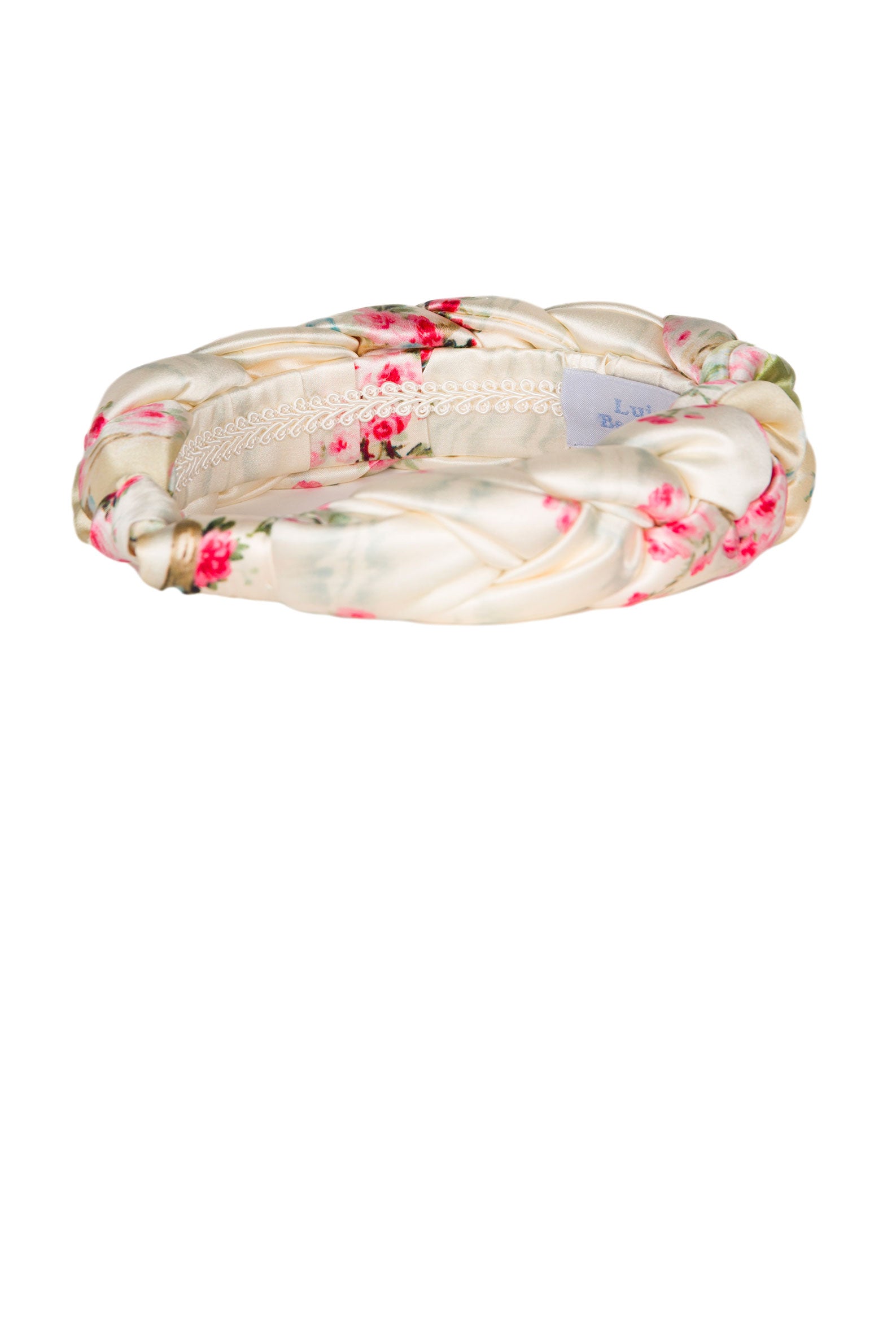 Fascia per capelli intrecciata con boccioli di rosa in raso lucido crema