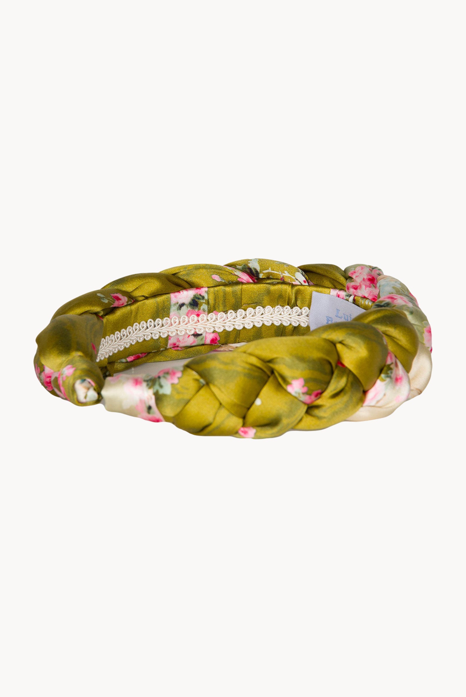 Fascia per capelli intrecciata con boccioli di rosa in raso lucido verde