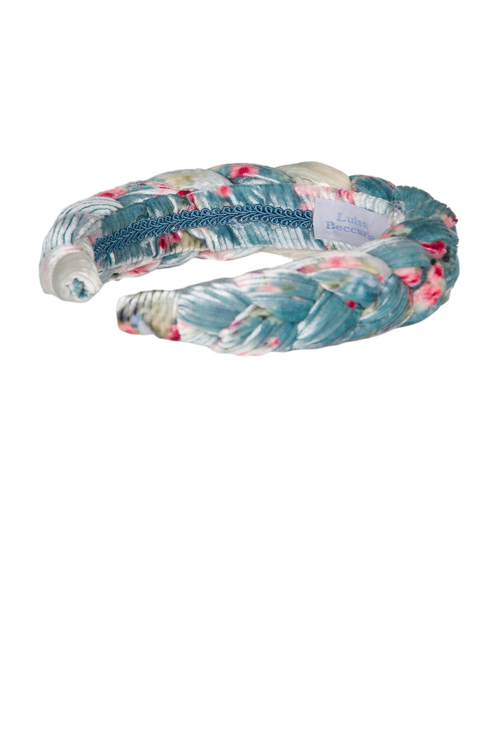 Fascia per capelli intrecciata con boccioli di rosa in velluto blu