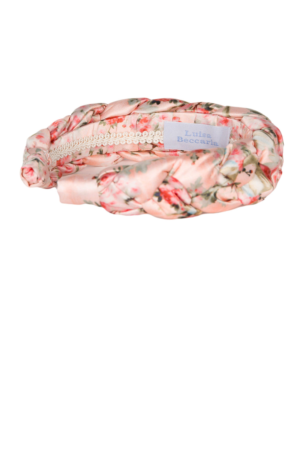 Fascia per capelli intrecciata con boccioli di rosa in raso lucido rosa