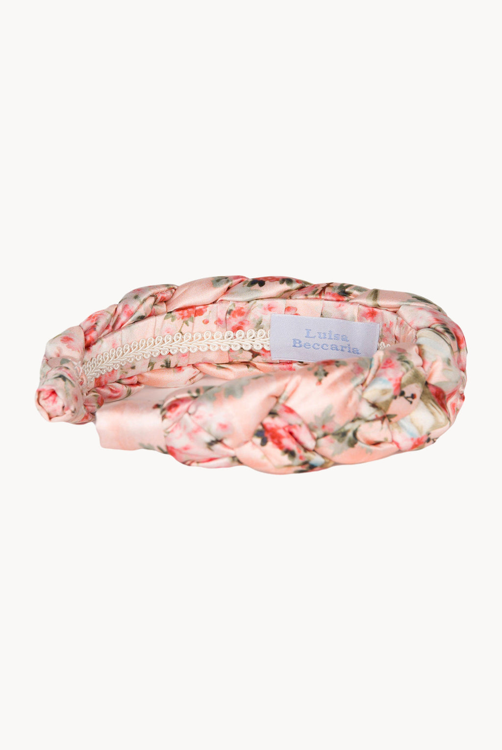 Fascia per capelli intrecciata con boccioli di rosa in raso lucido rosa