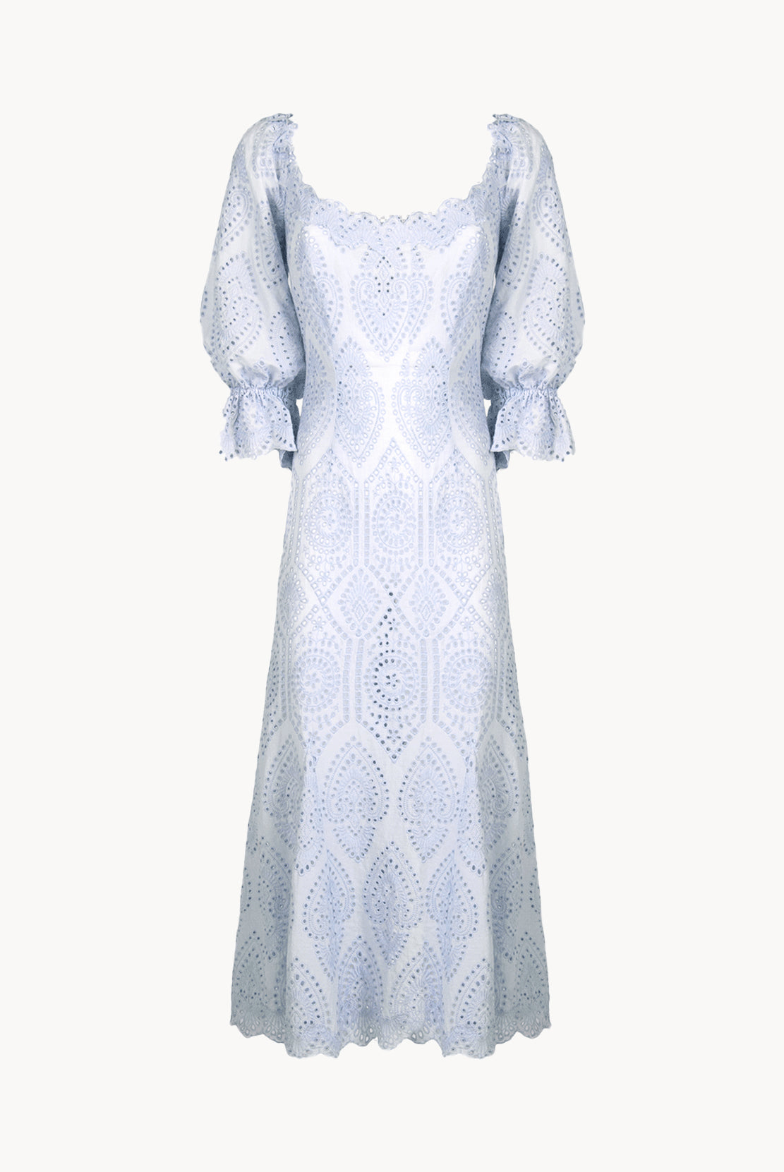 Vestito in broderie anglaise lilla in cotone con maniche a campana