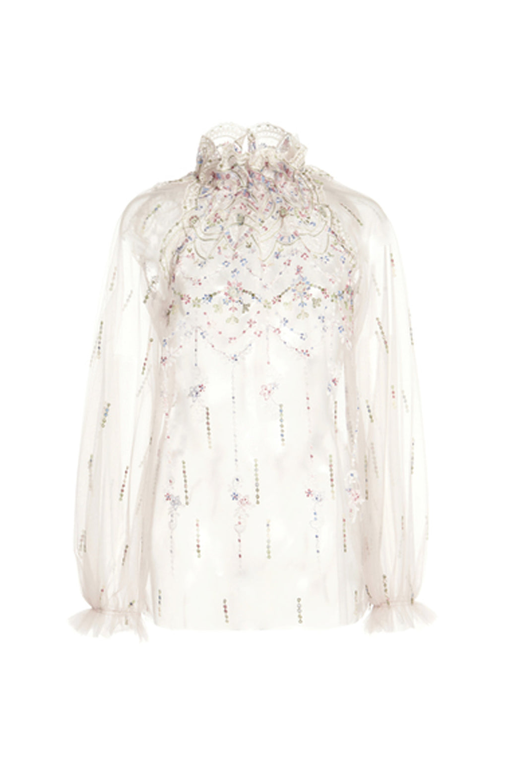 Blusa a collo alto in tulle ricamato