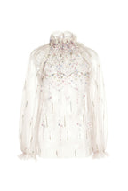 Blusa a collo alto in tulle ricamato