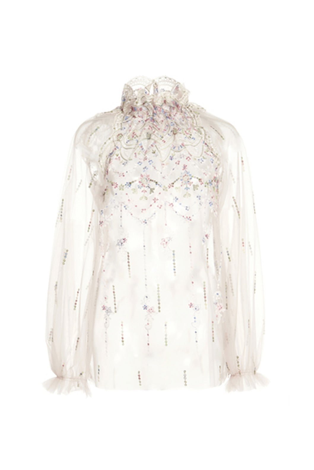 Blusa a collo alto in tulle ricamato