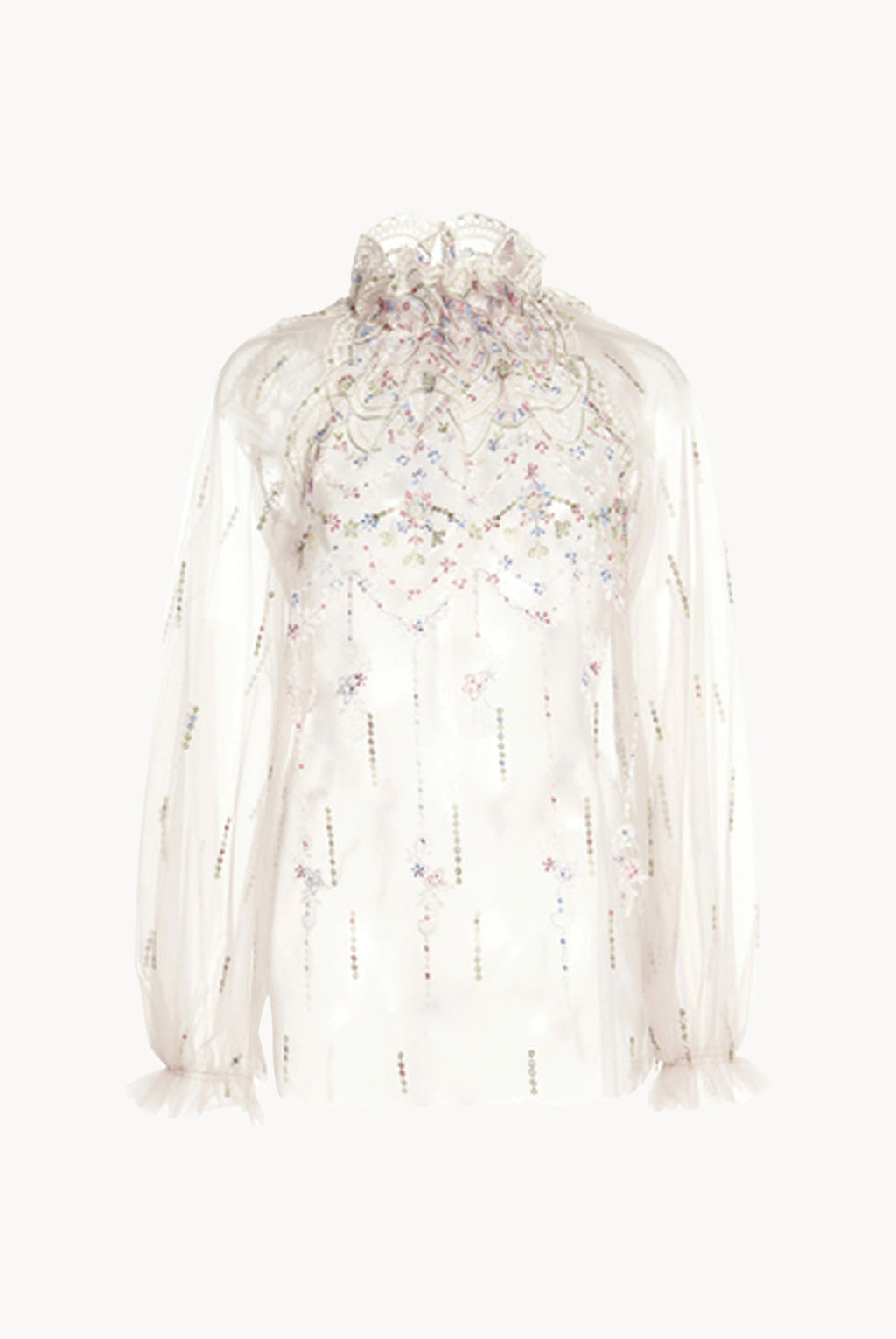 Blusa a collo alto in tulle ricamato