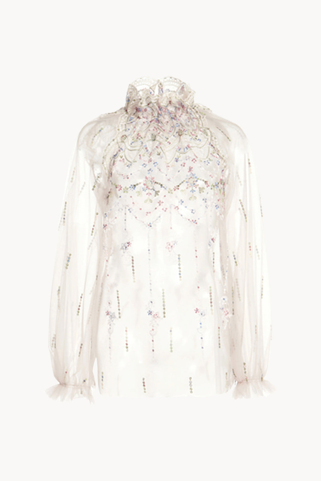 Blusa a collo alto in tulle ricamato
