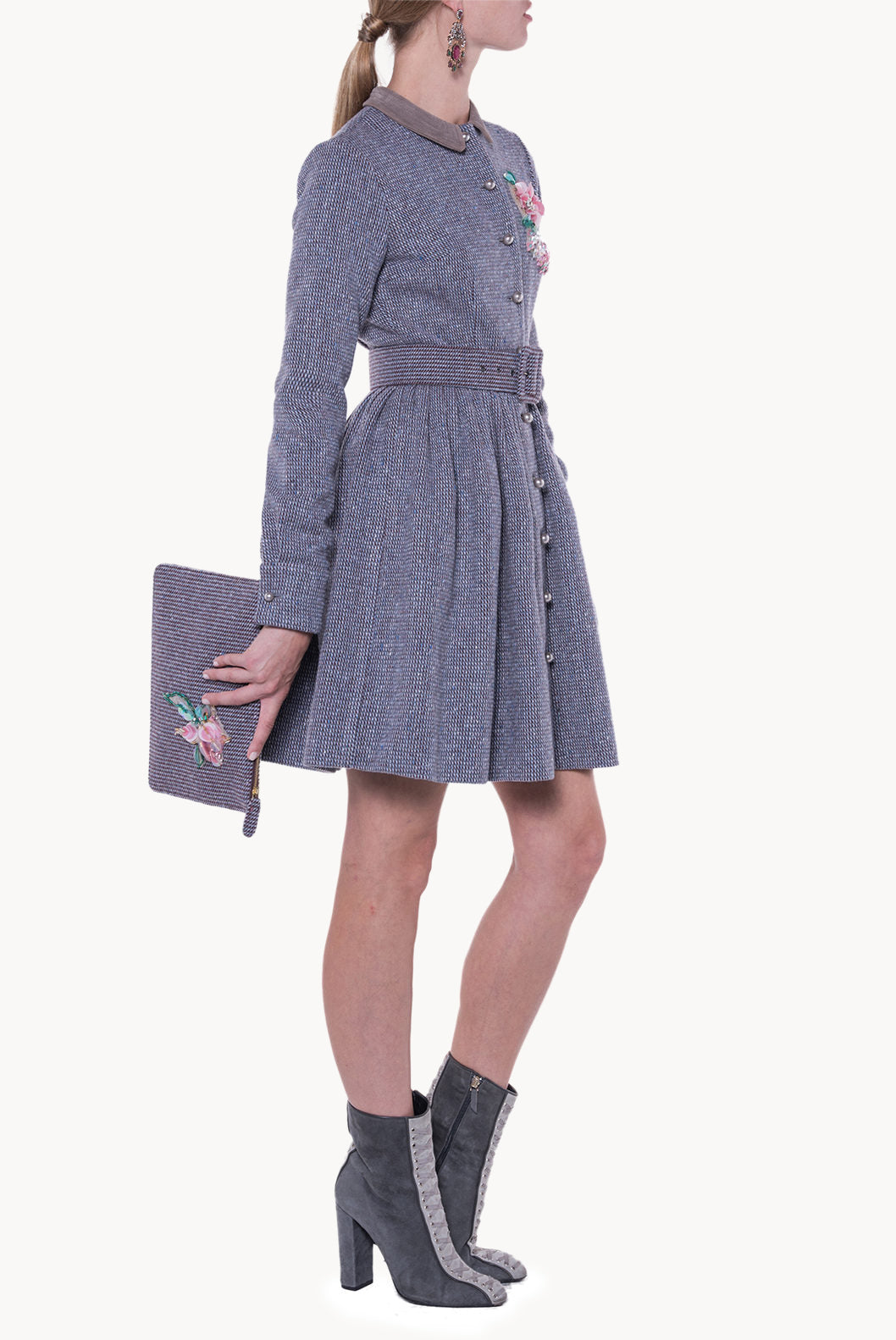 Long Sleeves Tweed Dress With Embroidery