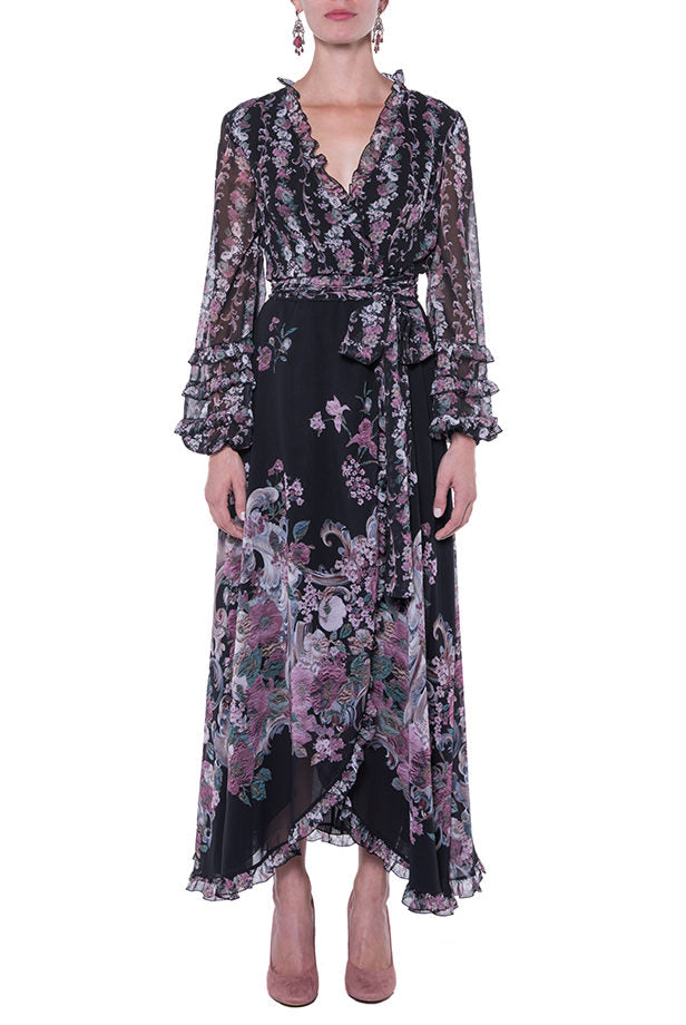 Georgette Printed Flowers Wrap Dress
