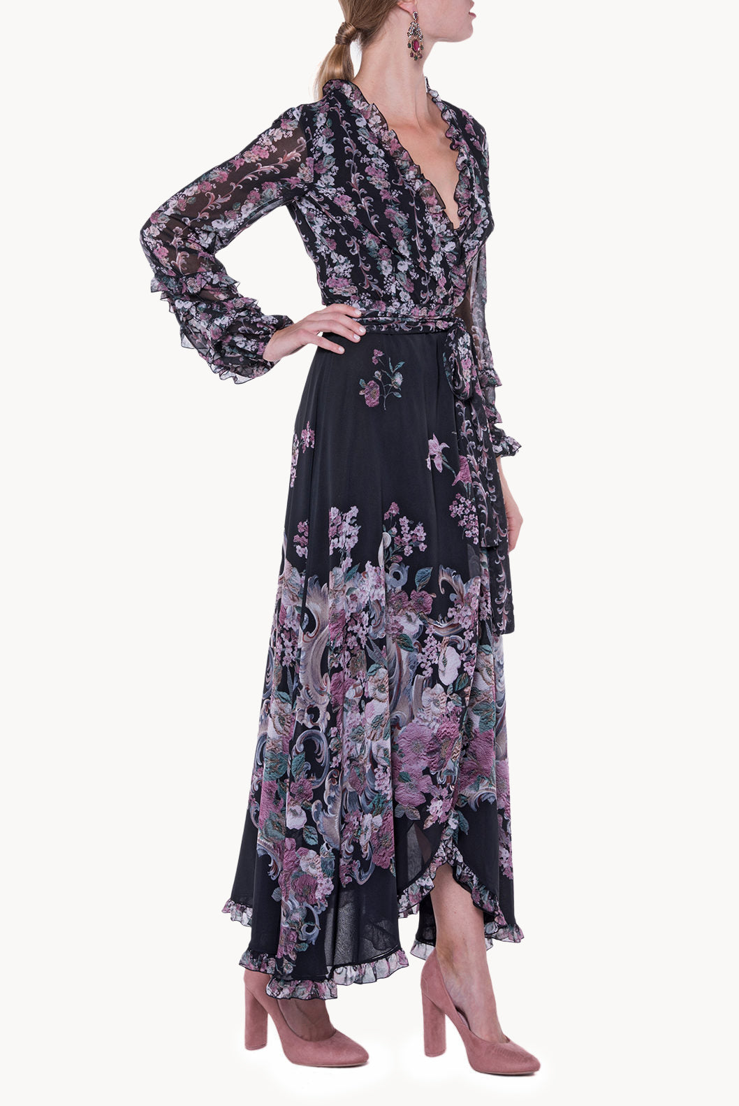Georgette Printed Flowers Wrap Dress