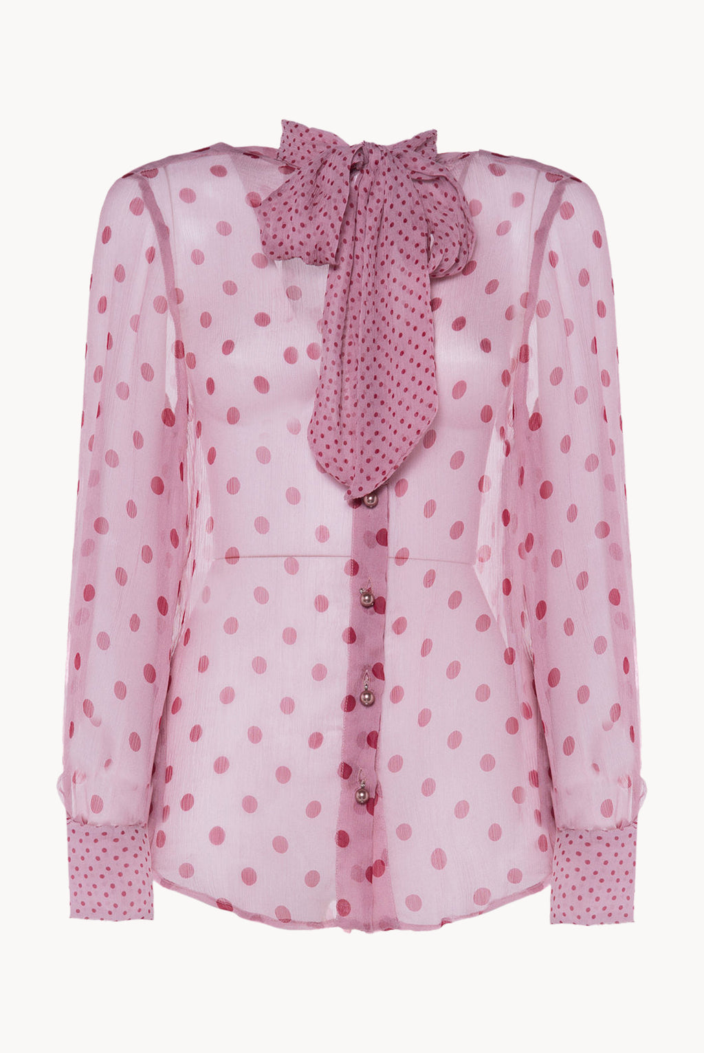 Blusa in chiffon di seta a pois con fiocco alla gola