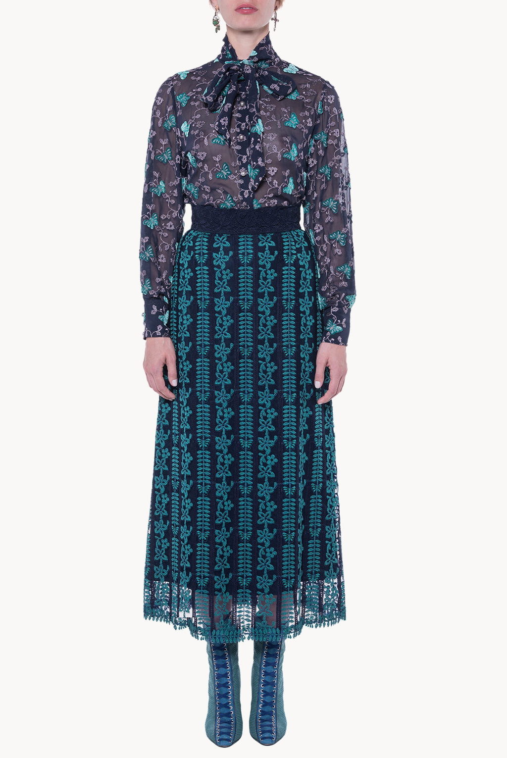 Pussy Bow Embroidered Georgette Blouse