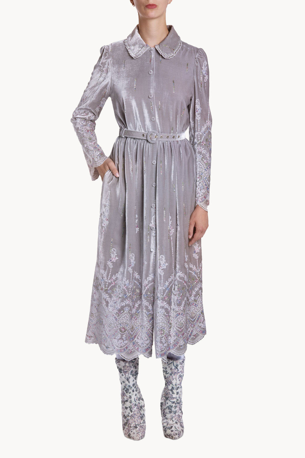 Velvet Chemisier Embroidered Dress