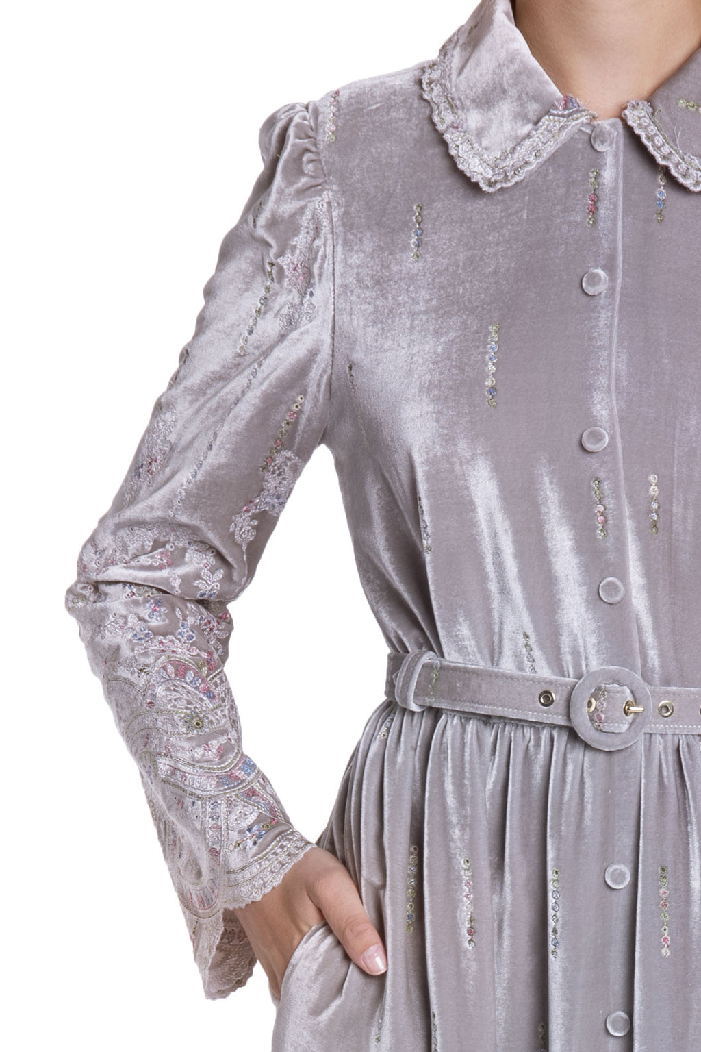 Abito camicia in velluto ricamato