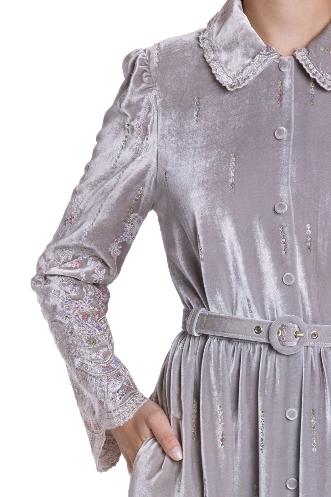Abito camicia in velluto ricamato
