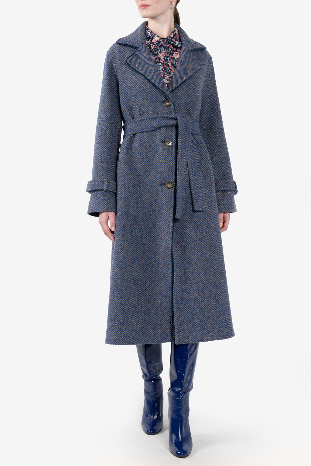Long Herringbone Tweed Coat
