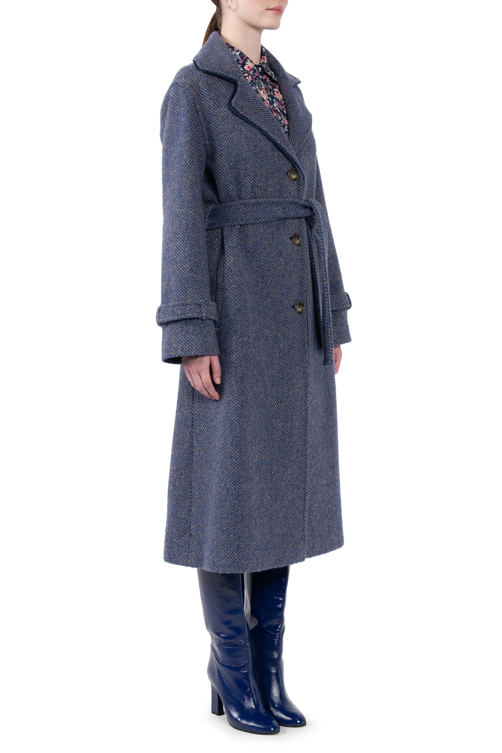 Long Herringbone Tweed Coat