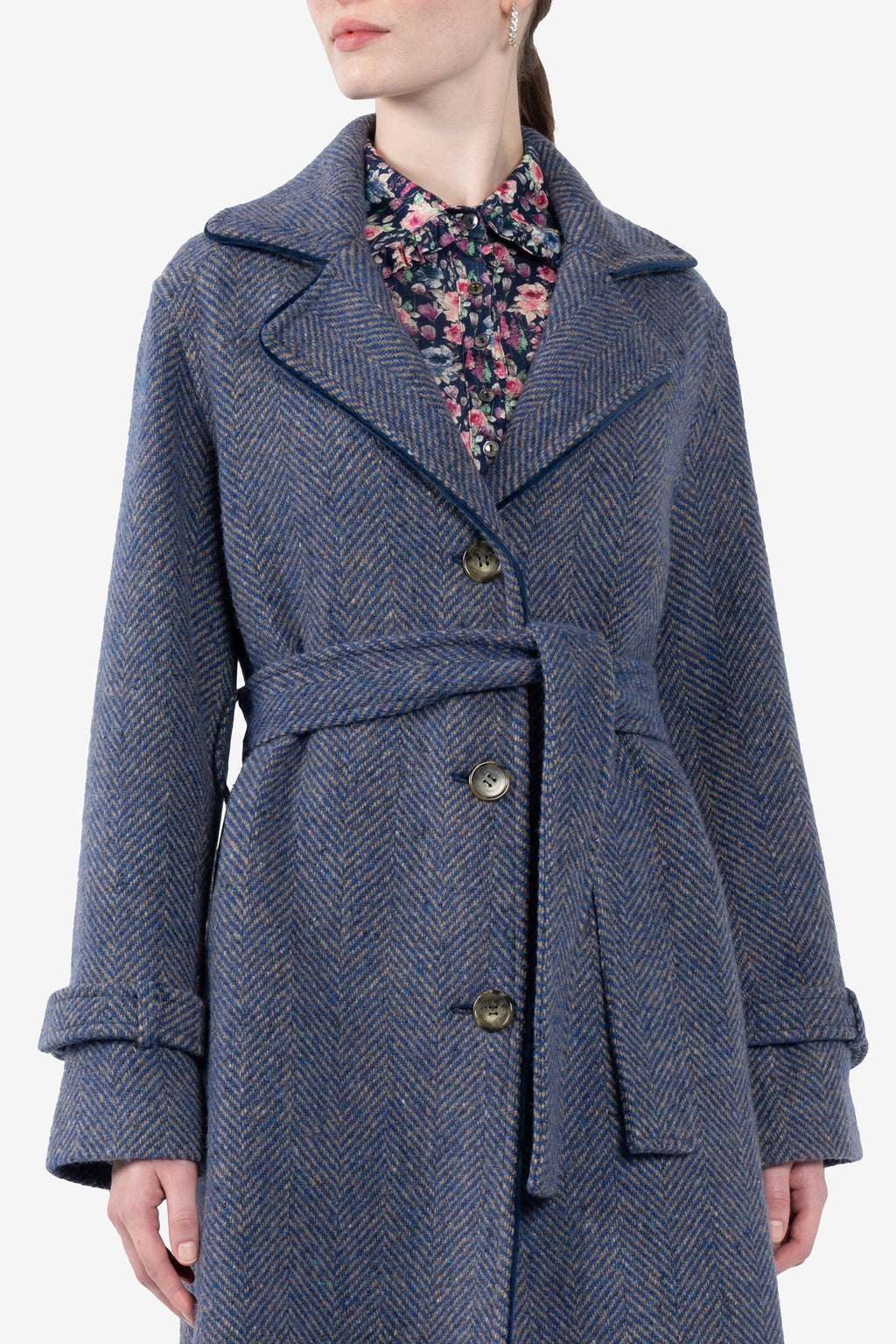 Long Herringbone Tweed Coat