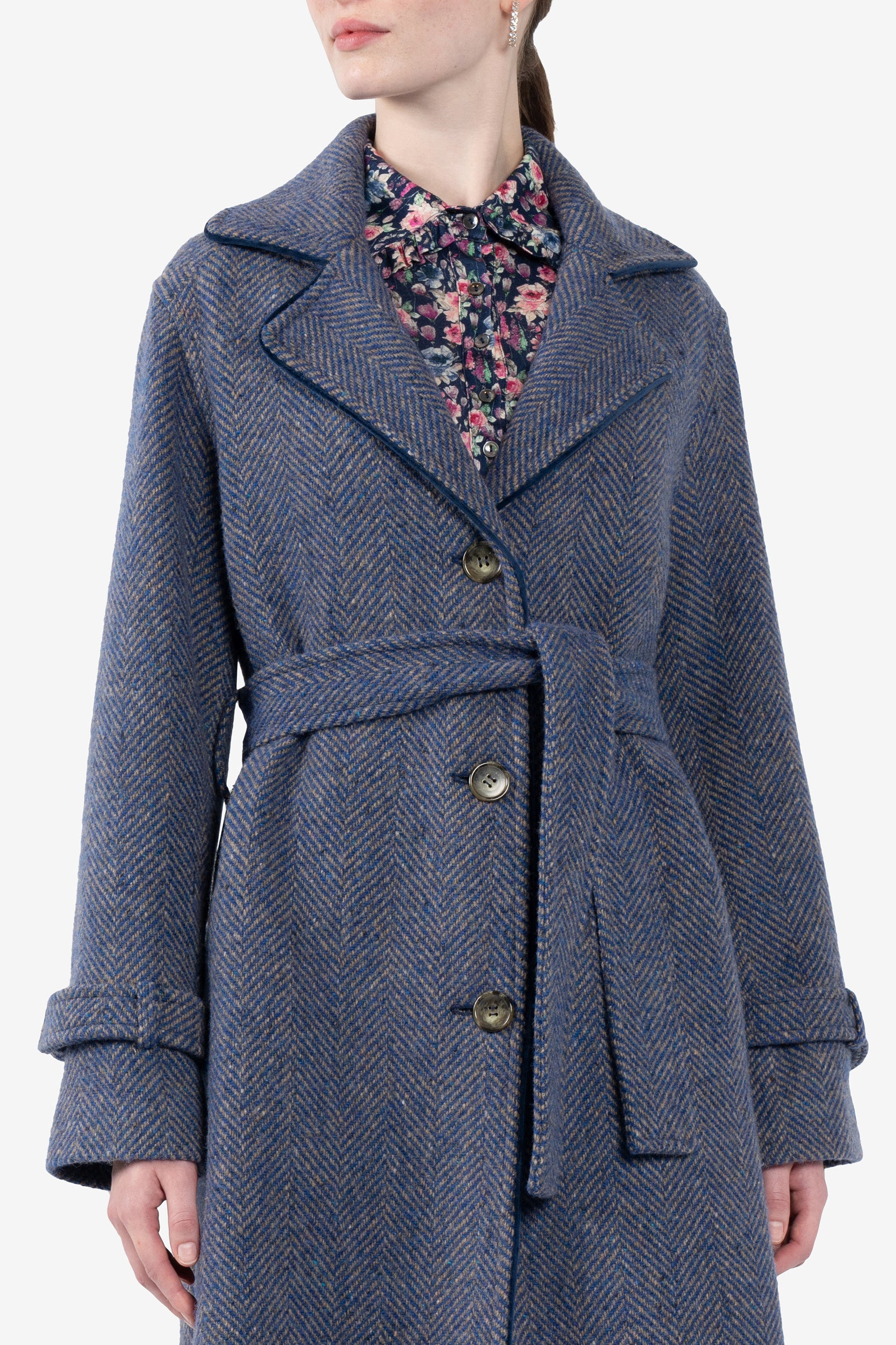 Long Herringbone Tweed Coat