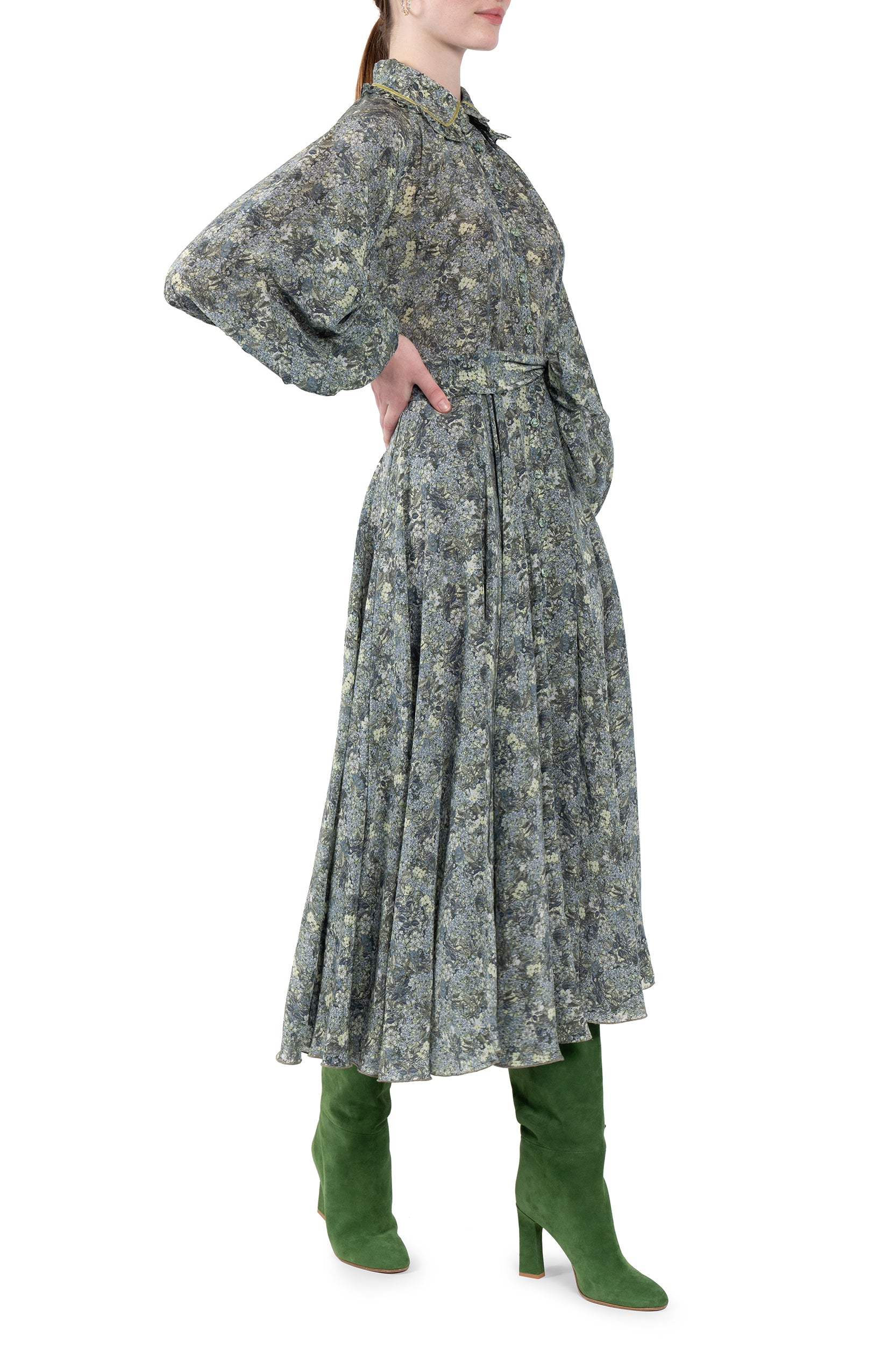 Vestito chemisier in crepe de chine con micro fiori
