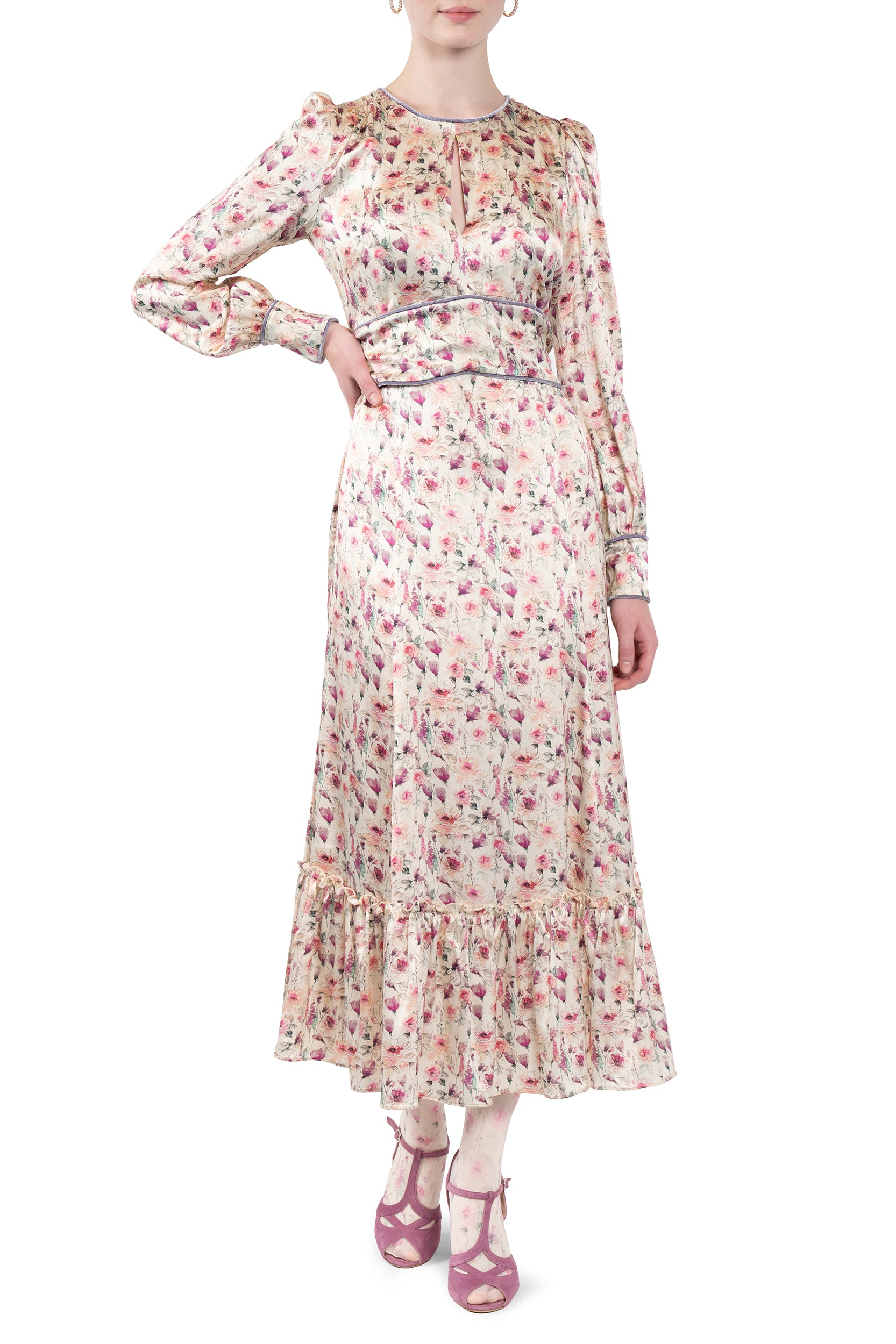 Wild roses cream printed satin dress