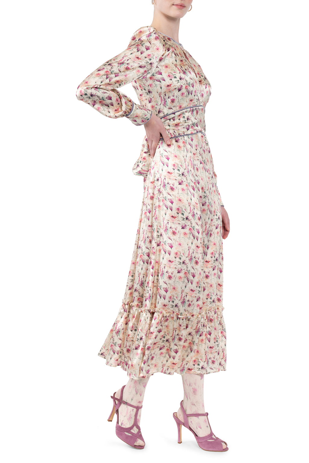 Wild roses cream printed satin dress