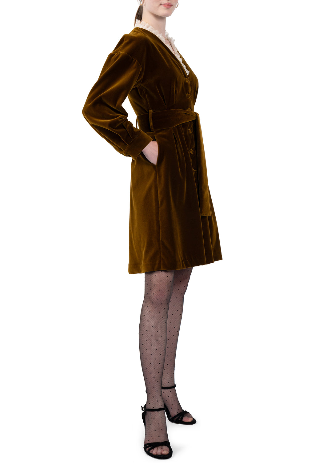 Velvet Dress With Lace Neckline