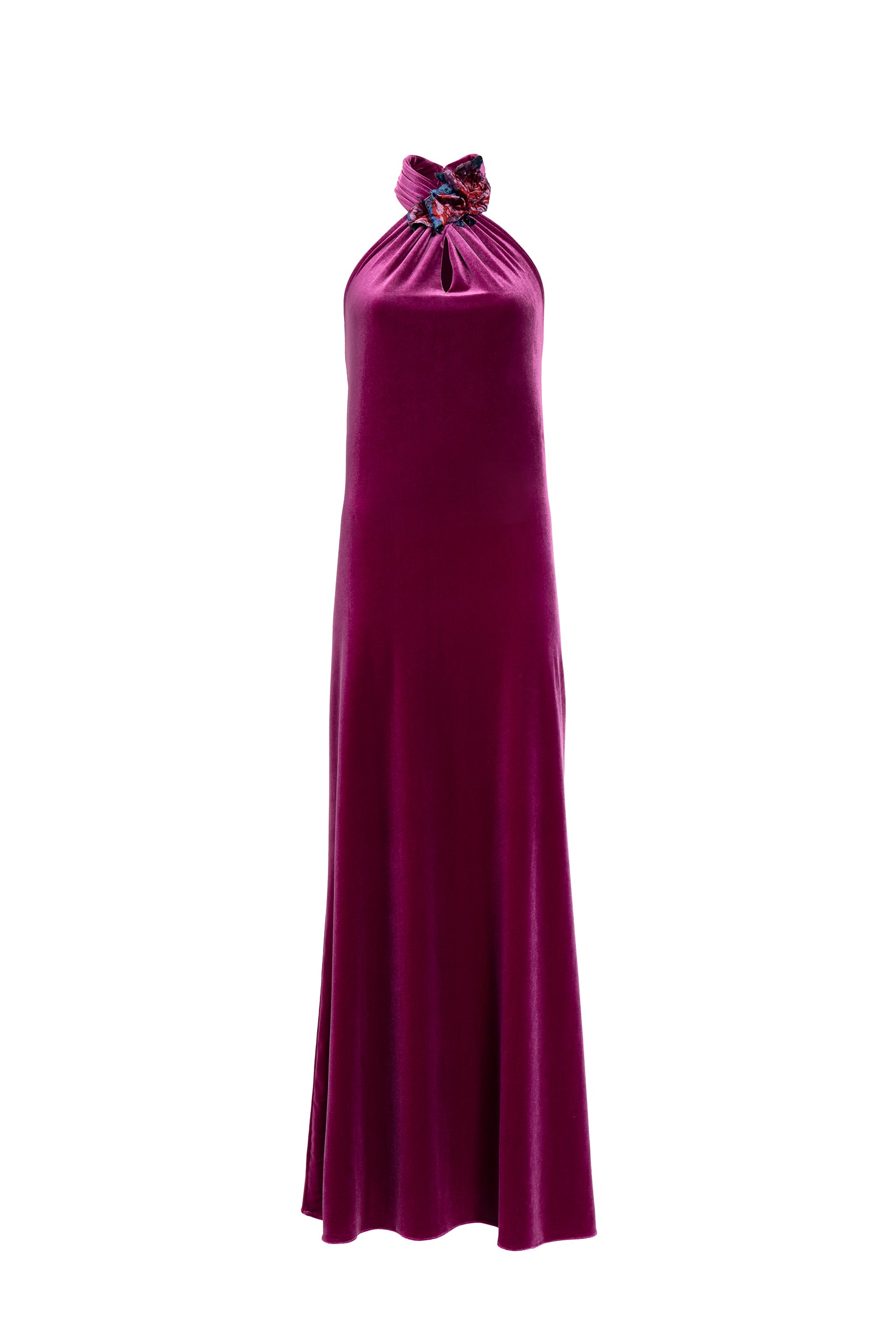 Velvet Halter Neck Dress With A Rose Detail
