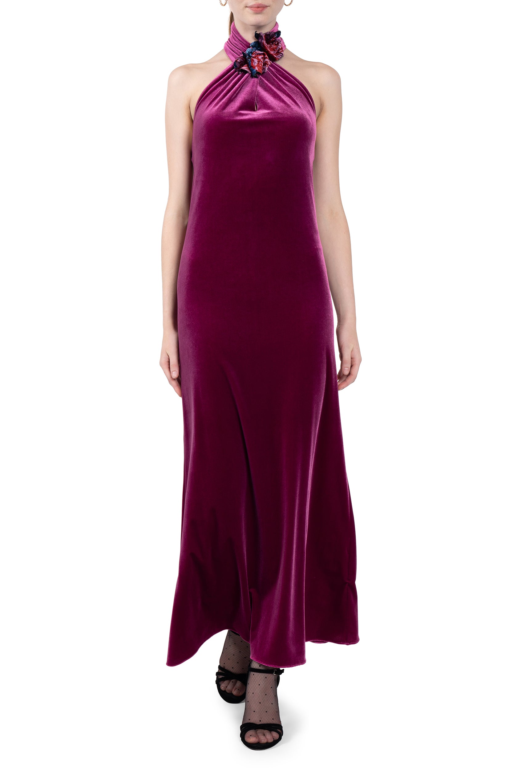 Velvet Halter Neck Dress With A Rose Detail