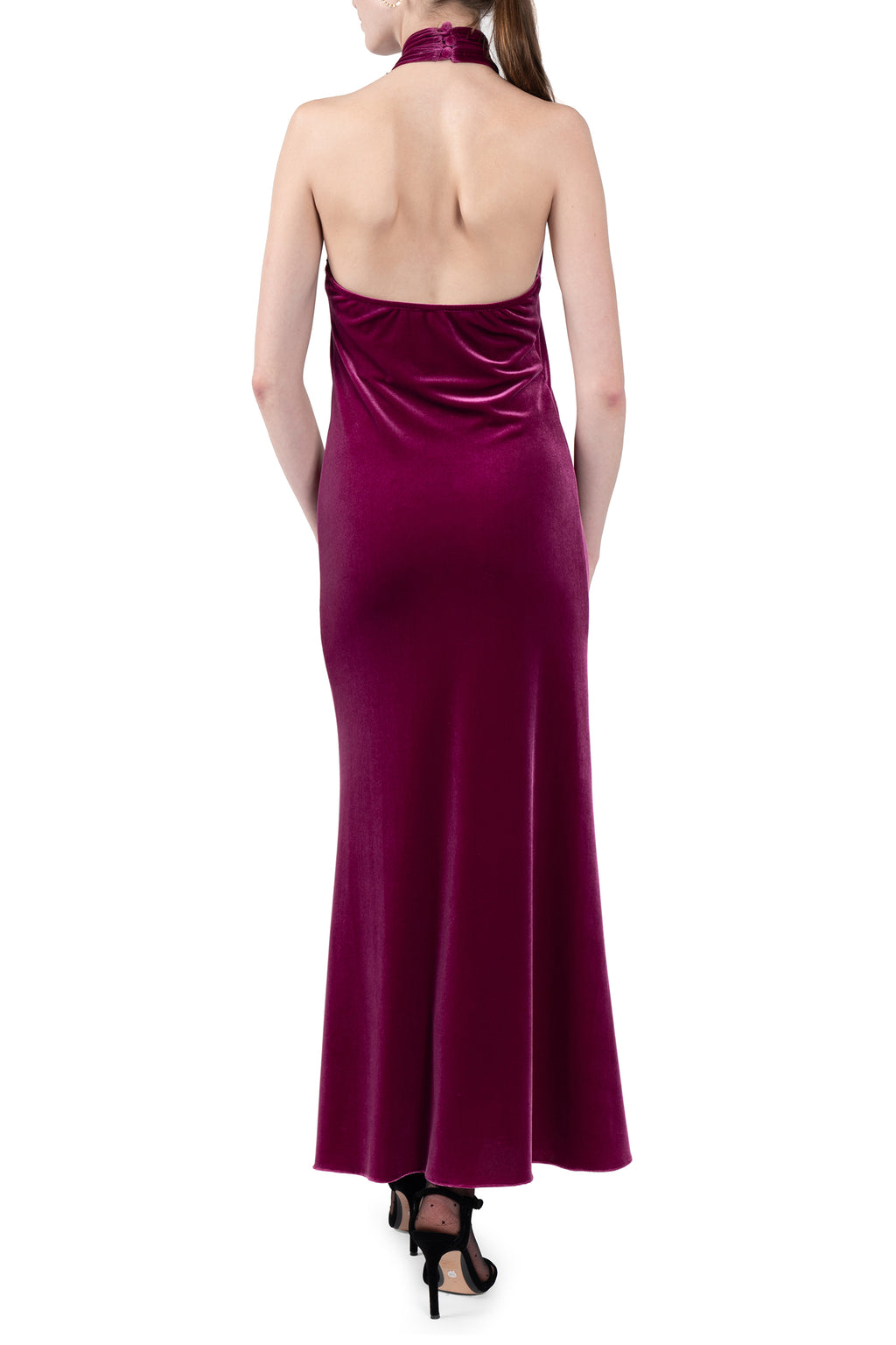Velvet Halter Neck Dress With A Rose Detail