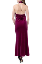 Velvet Halter Neck Dress With A Rose Detail