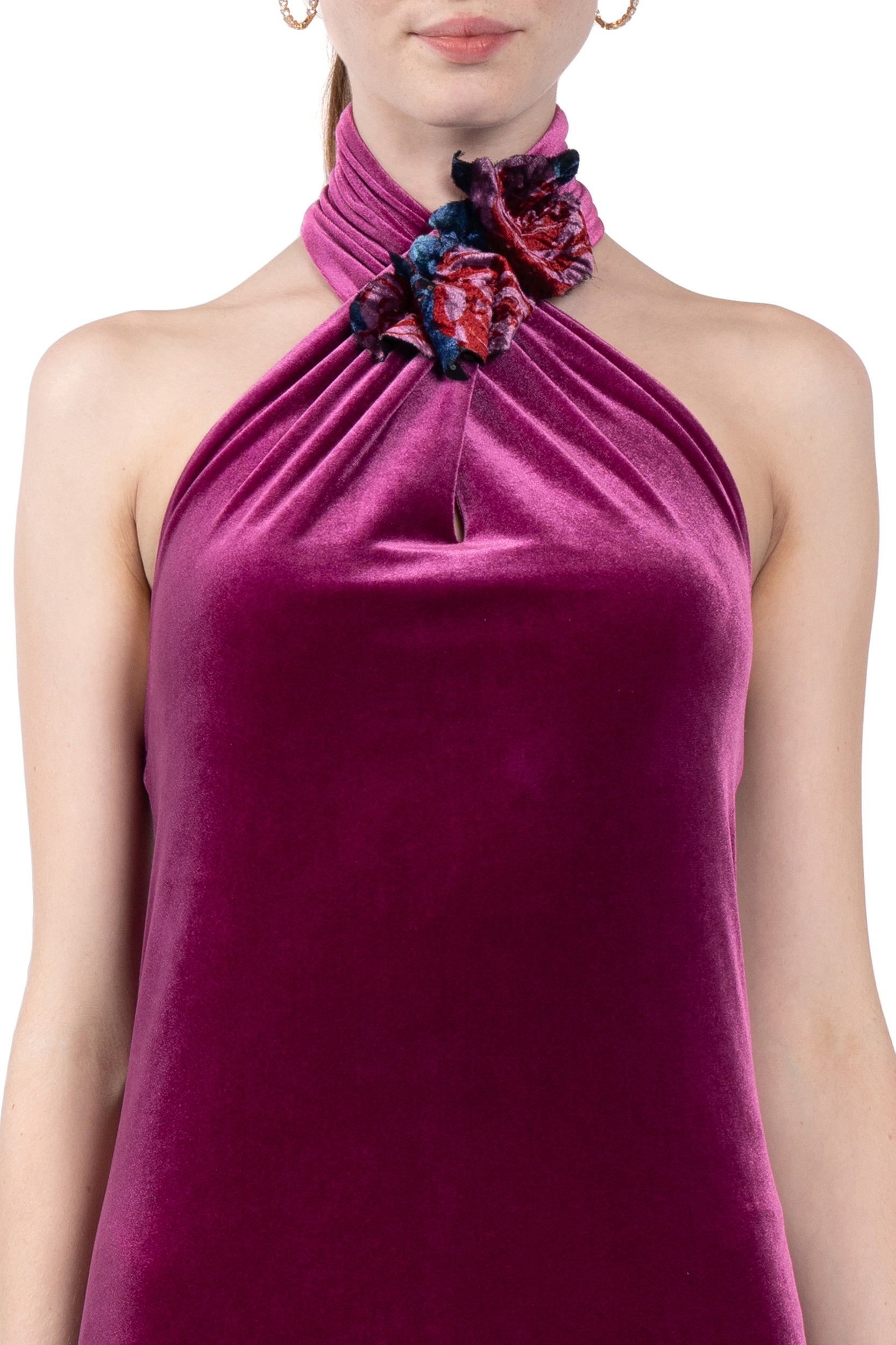 Velvet Halter Neck Dress With A Rose Detail