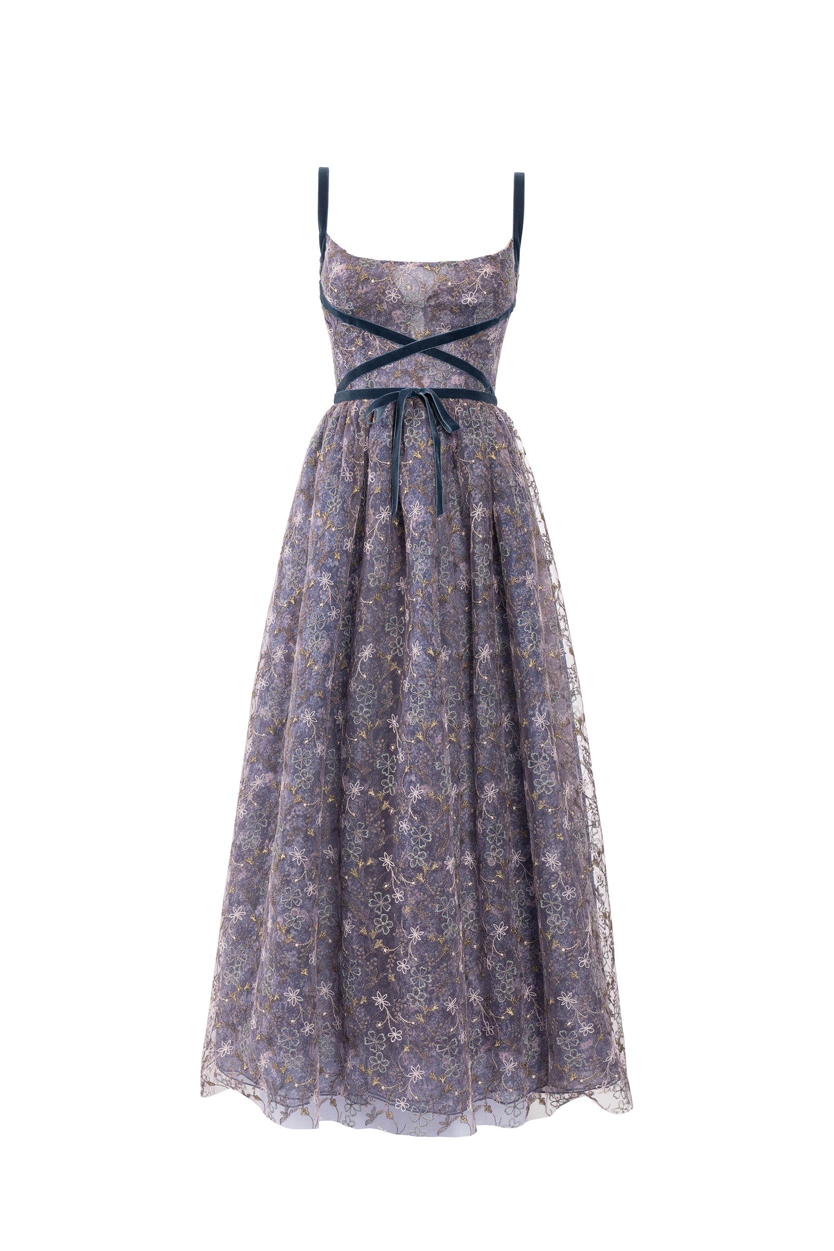Evening Dress with Embroidered Floral Tulle