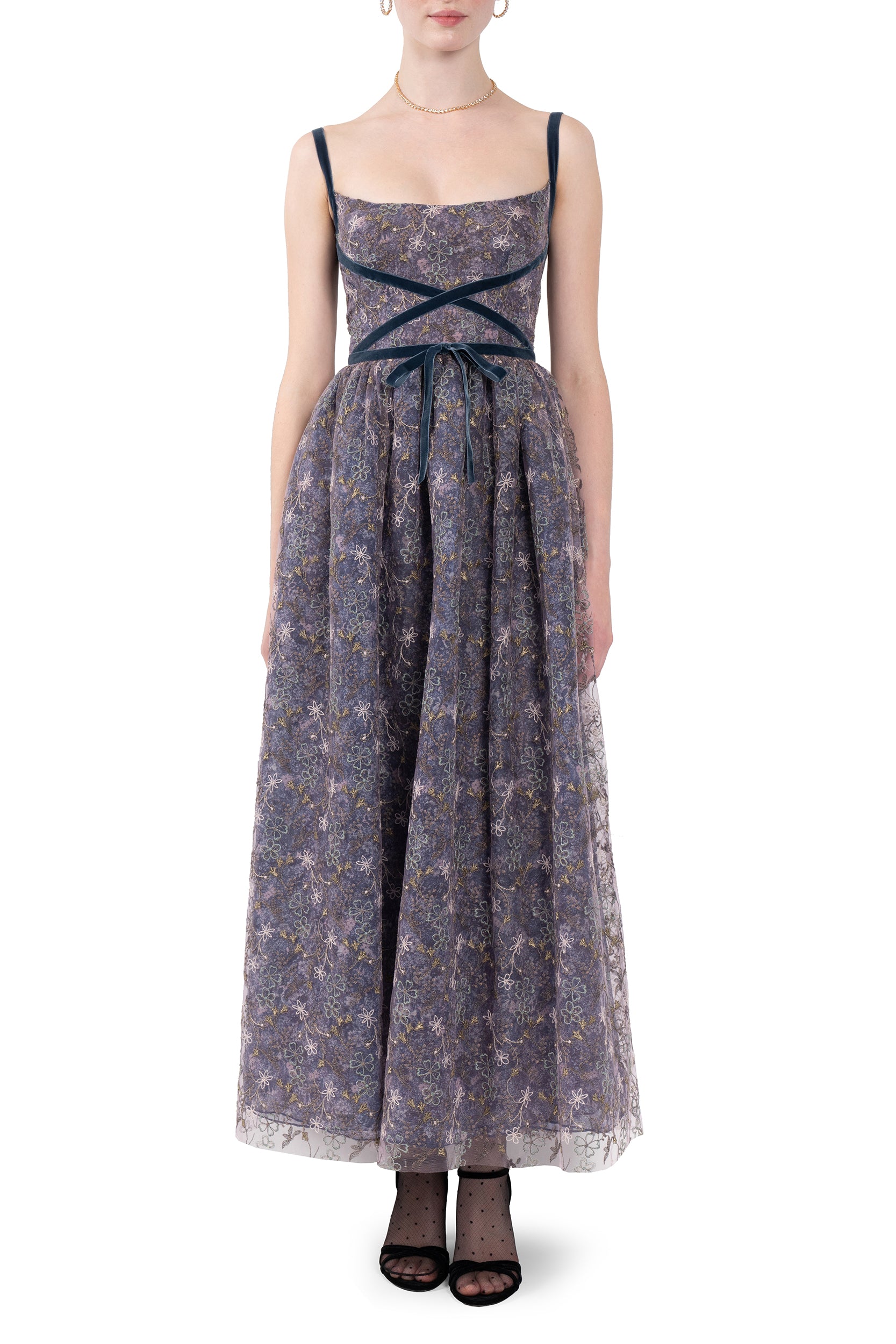 Evening Dress with Embroidered Floral Tulle