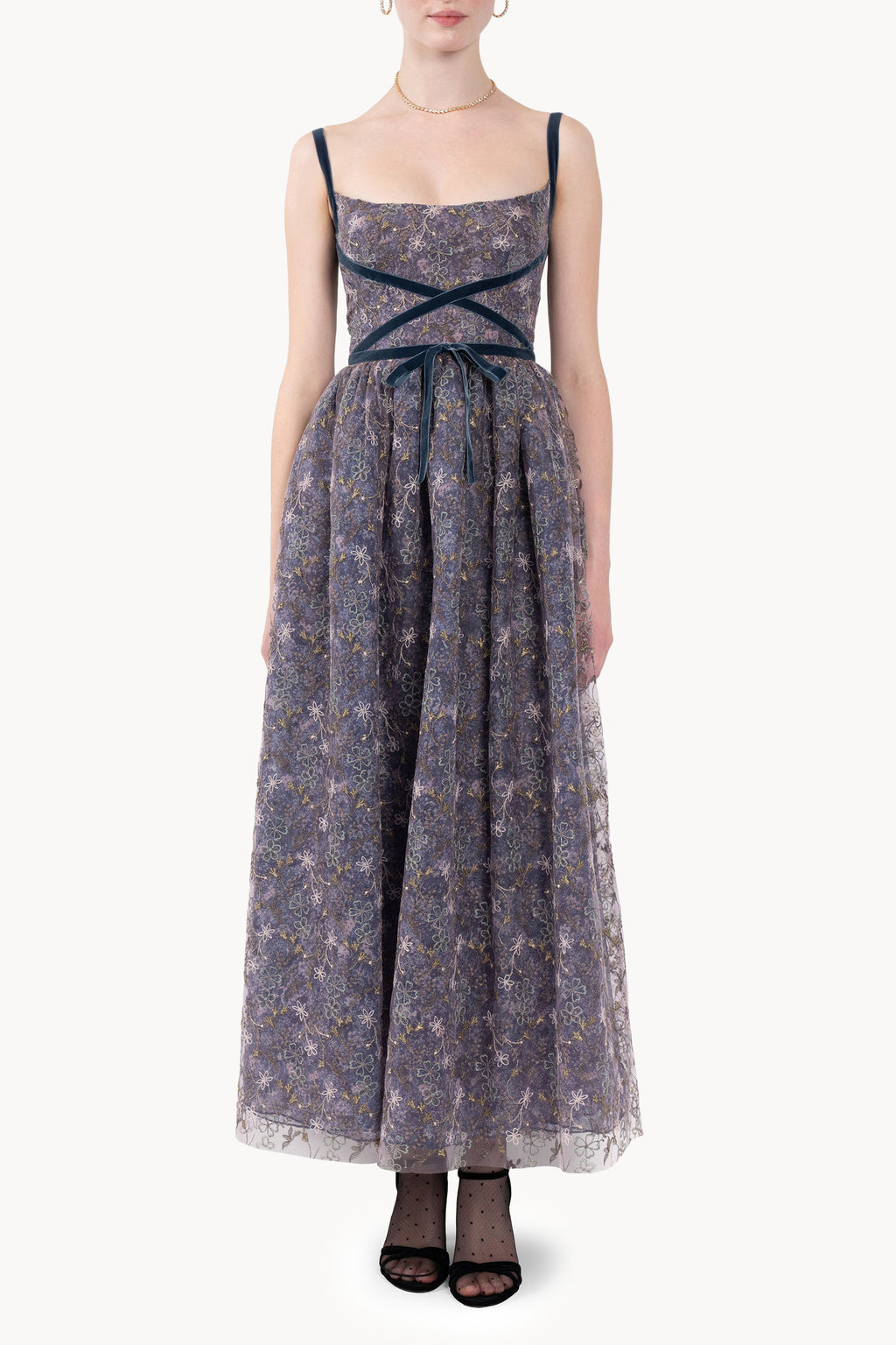 Evening Dress with Embroidered Floral Tulle