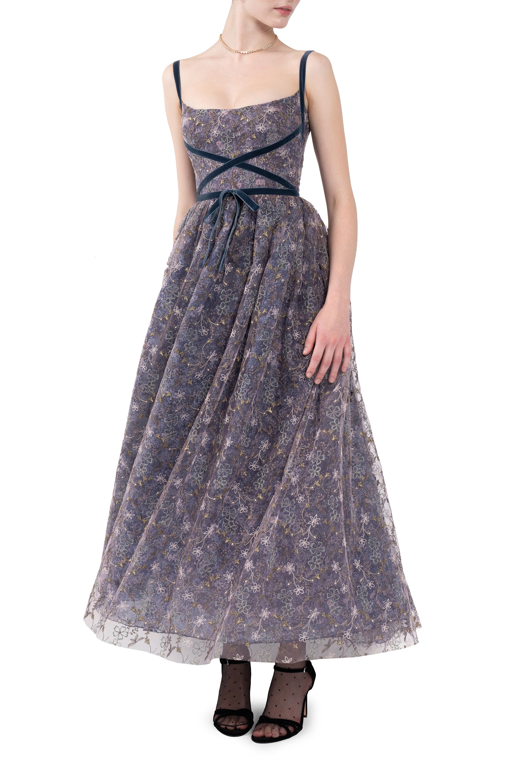 Evening Dress with Embroidered Floral Tulle
