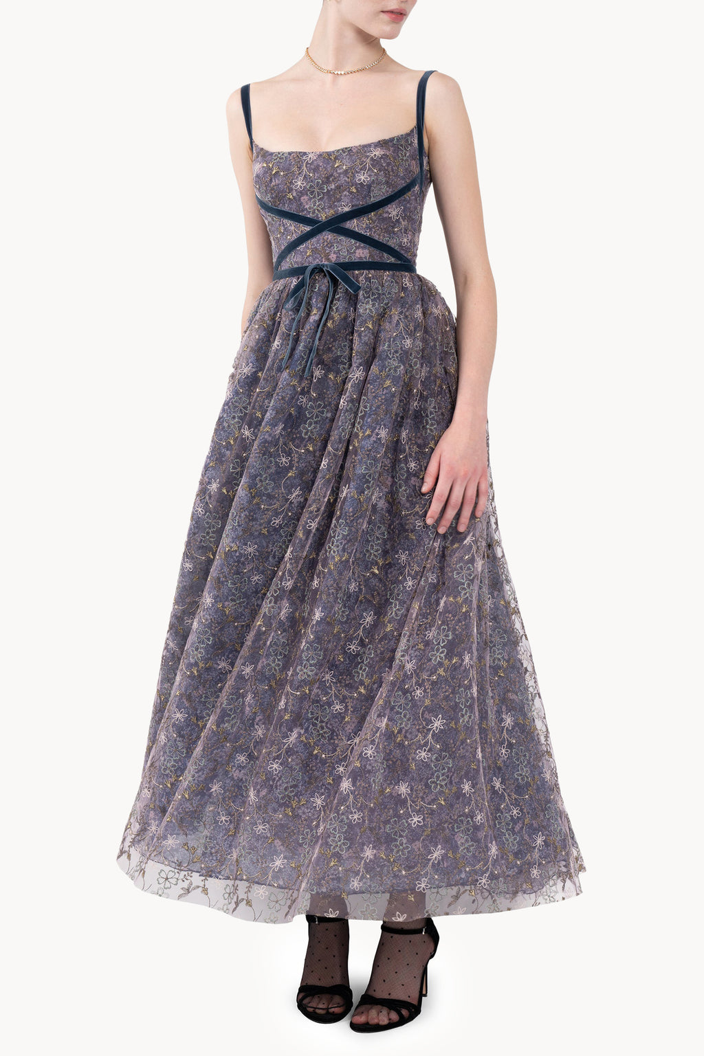Evening Dress with Embroidered Floral Tulle