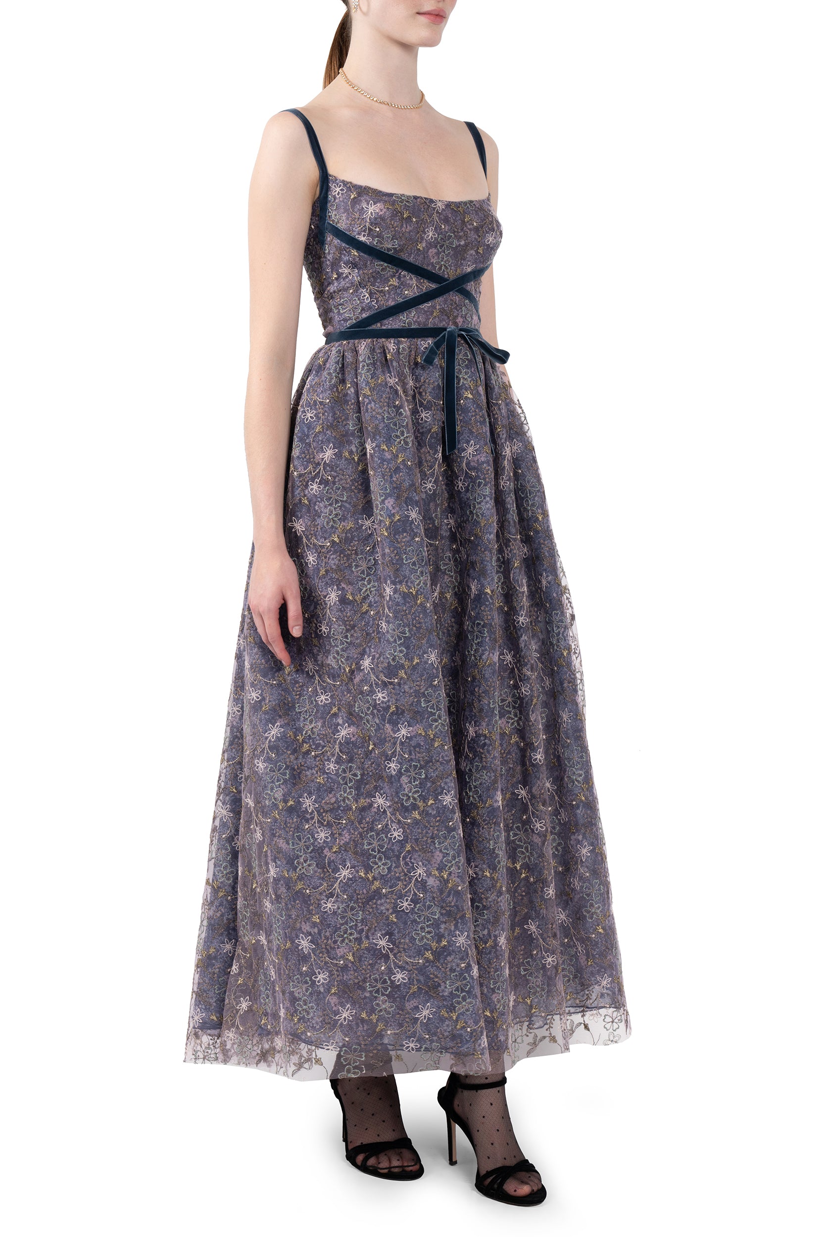 Evening Dress with Embroidered Floral Tulle