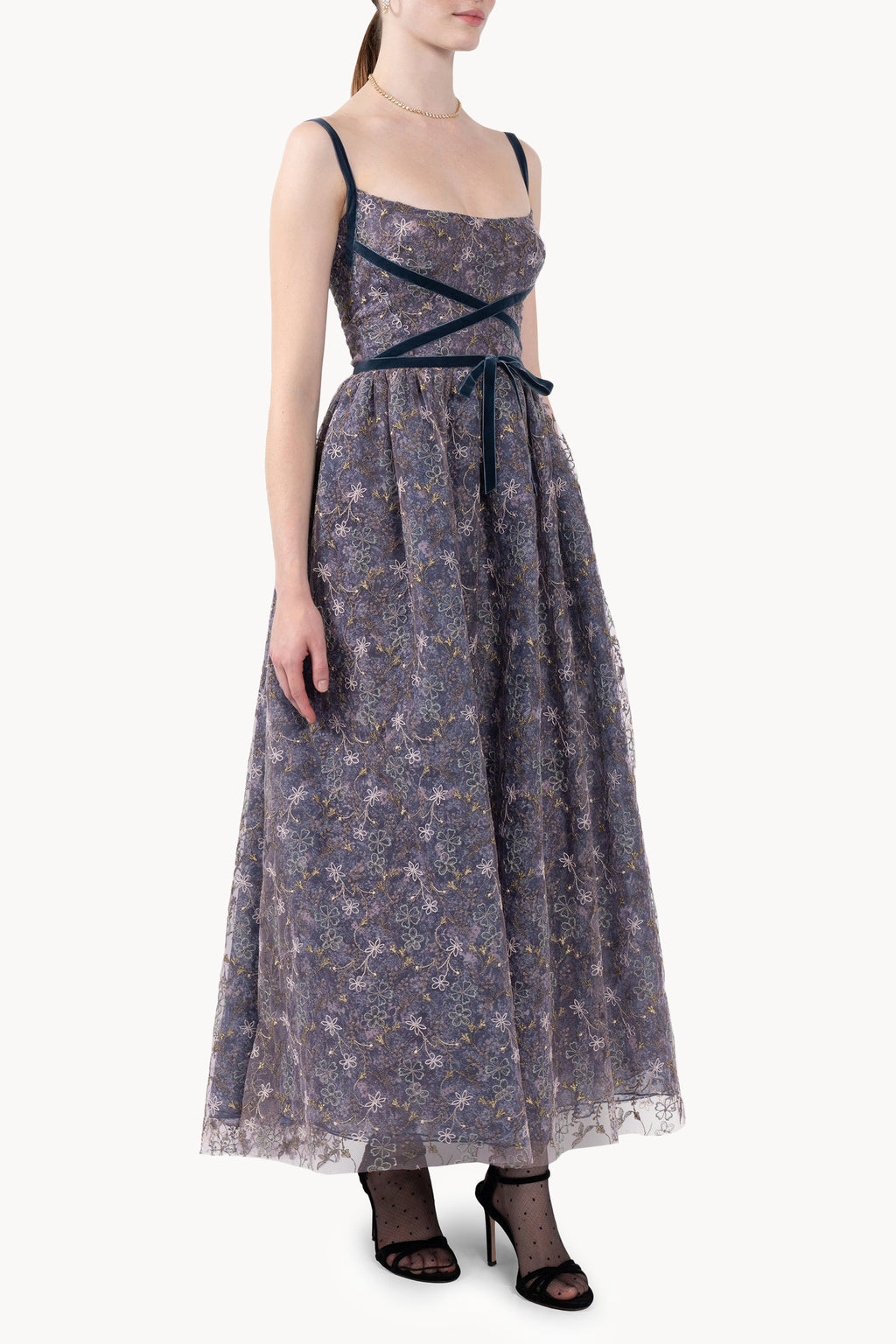 Evening Dress with Embroidered Floral Tulle