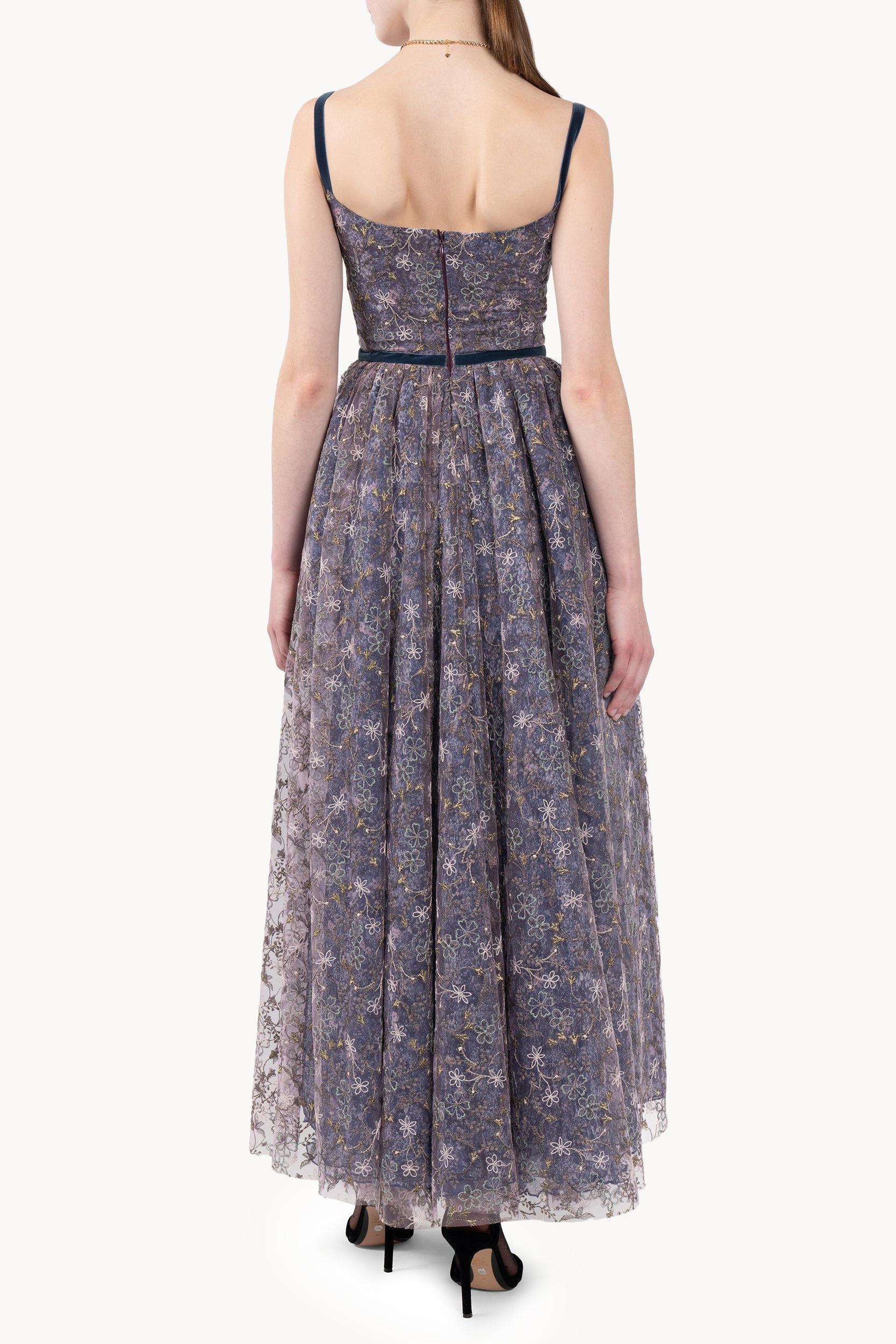 Evening Dress with Embroidered Floral Tulle