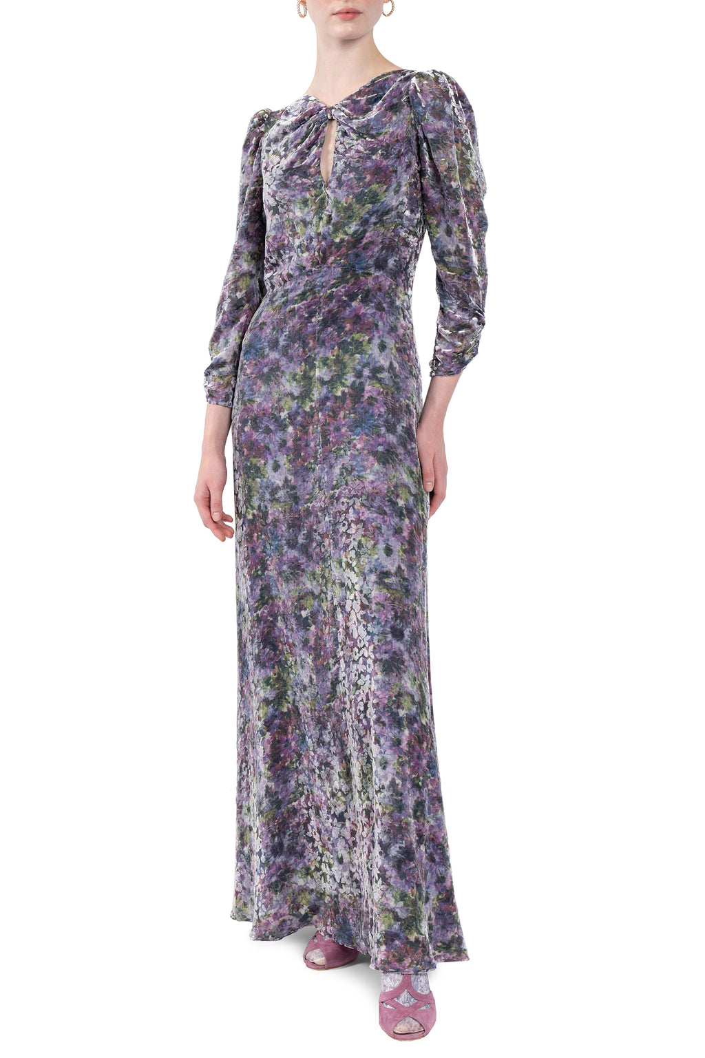 Vestito drappeggiato con fiocco e devoré floreale