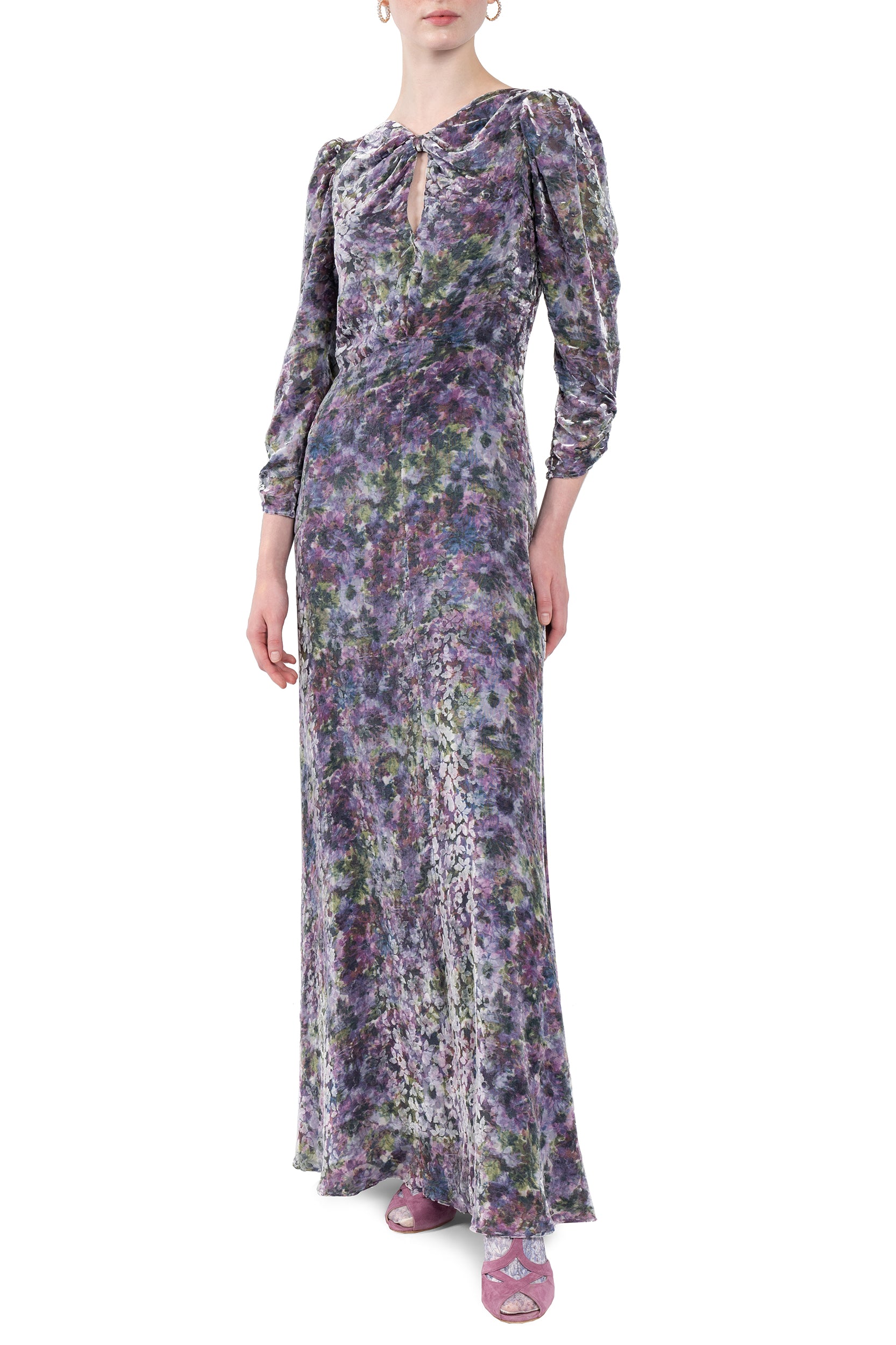 Vestito drappeggiato con fiocco e devoré floreale