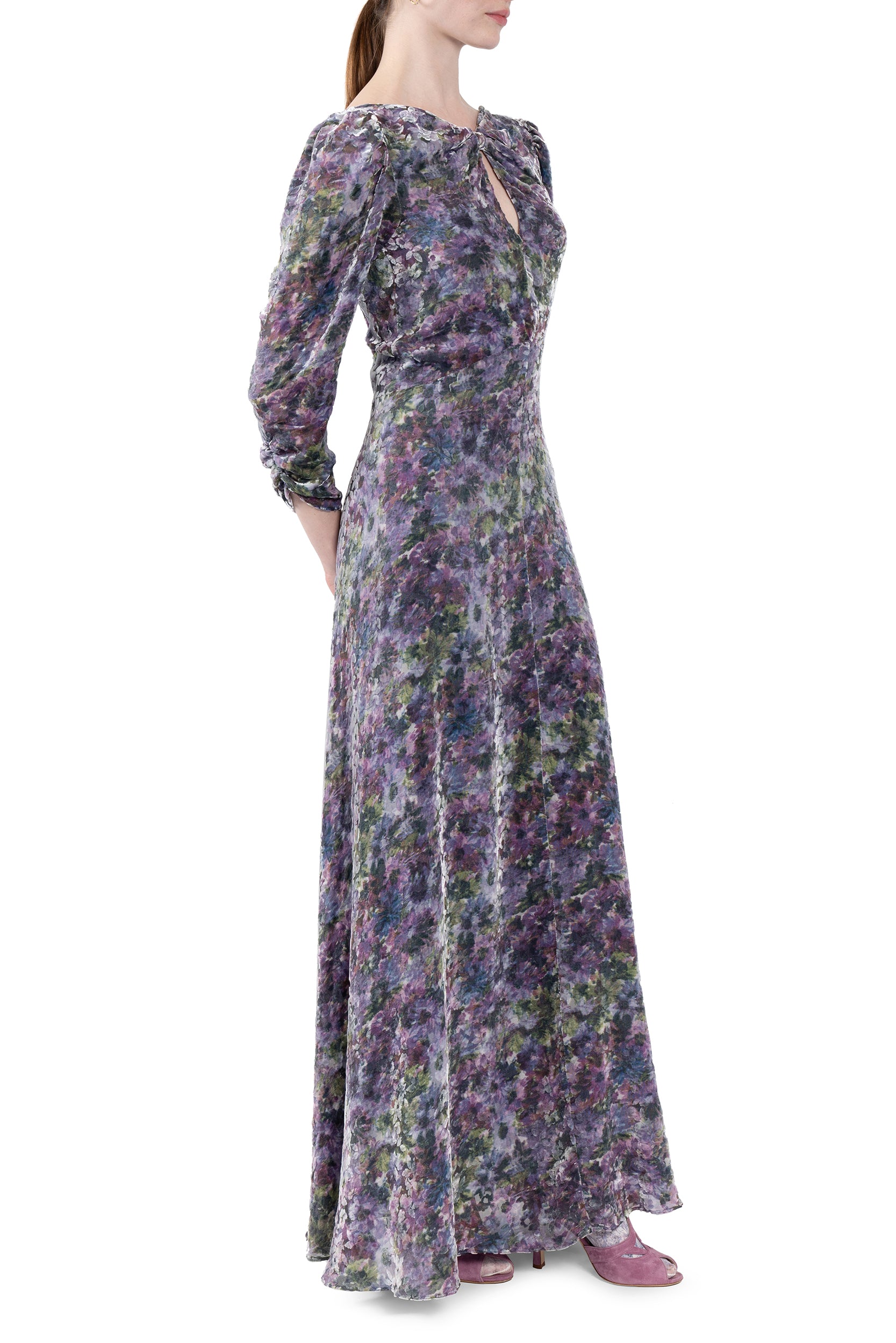 Vestito drappeggiato con fiocco e devoré floreale