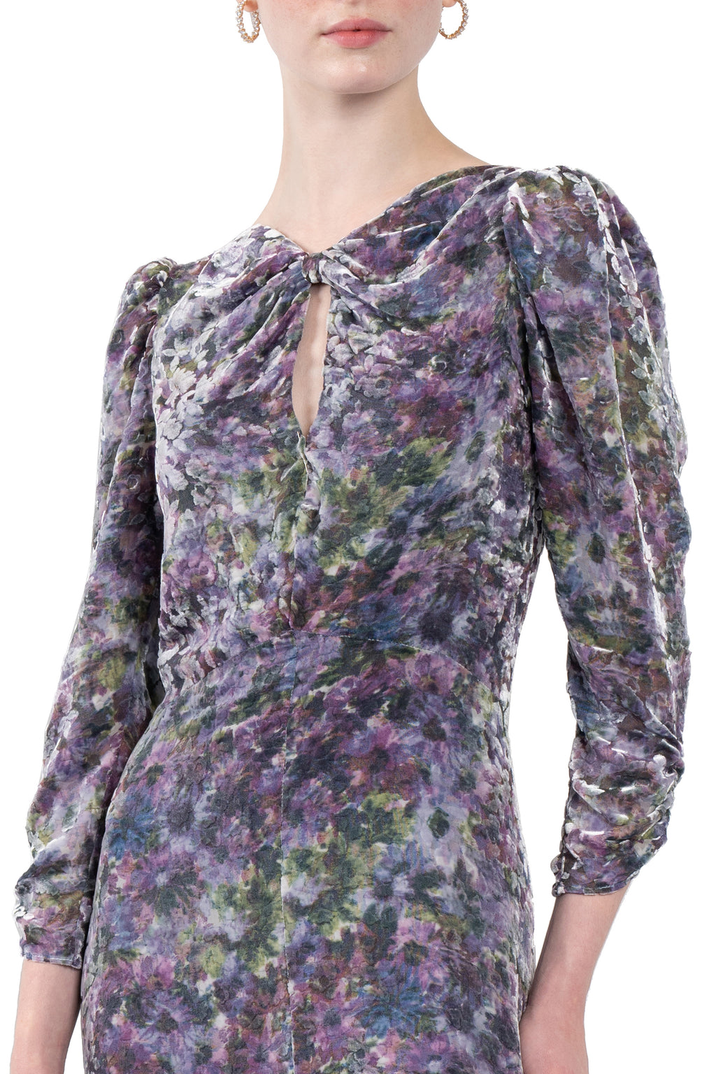 Vestito drappeggiato con fiocco e devoré floreale