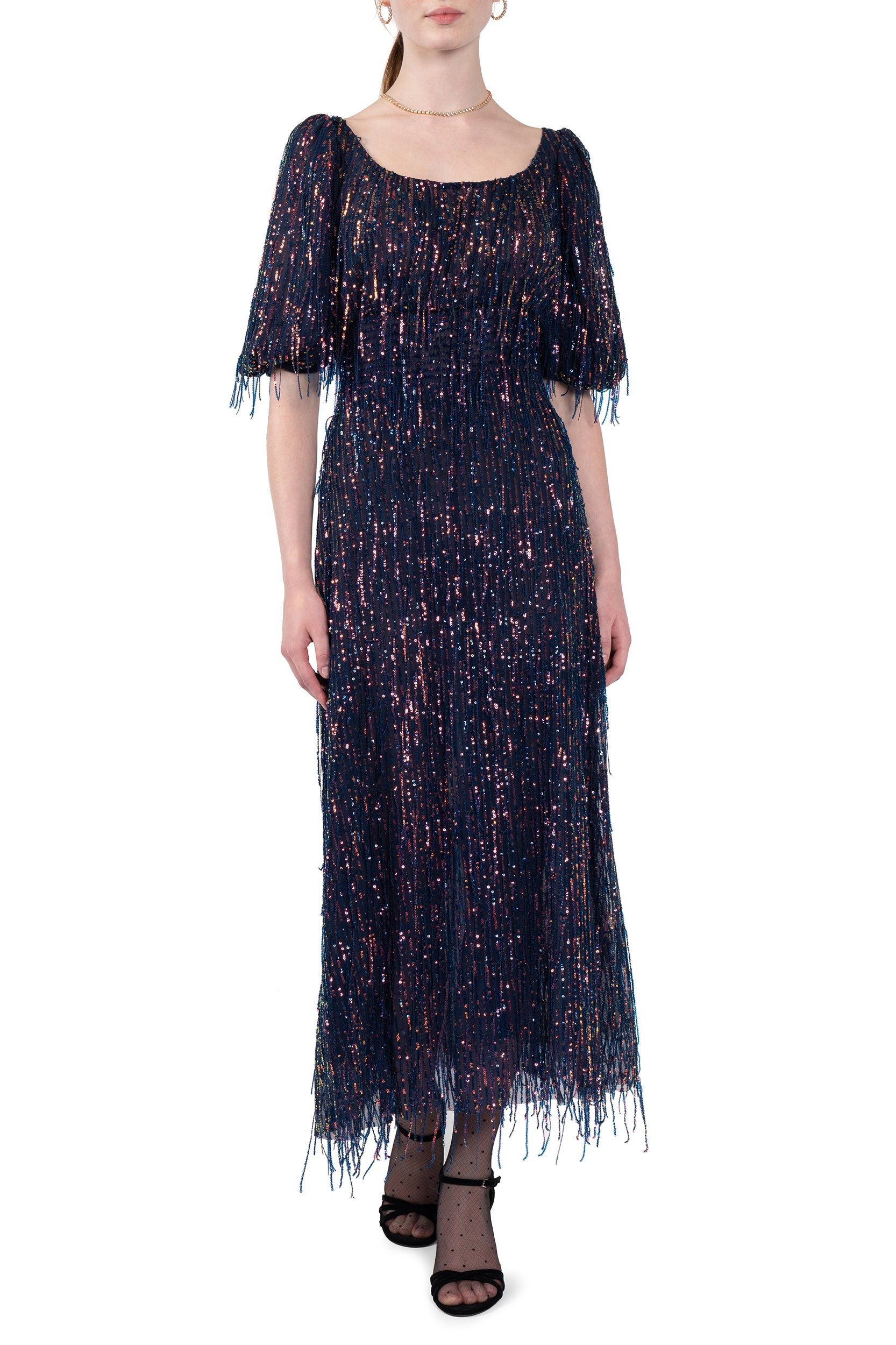 Scoop Necline Sequin Dress With Fringes