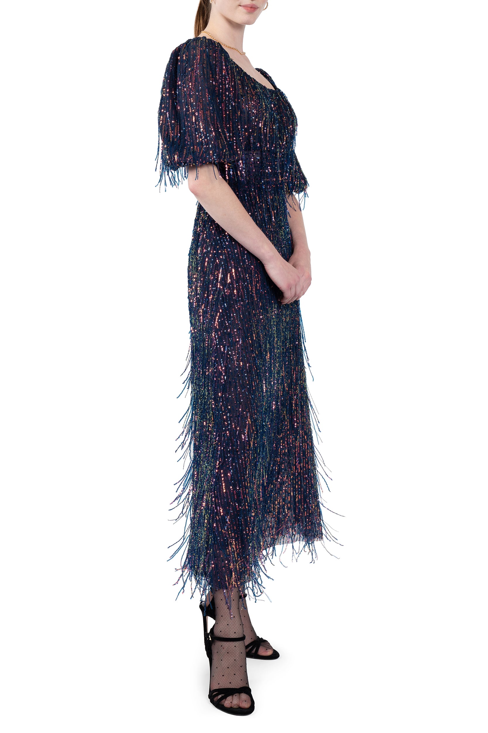 Scoop Necline Sequin Dress With Fringes