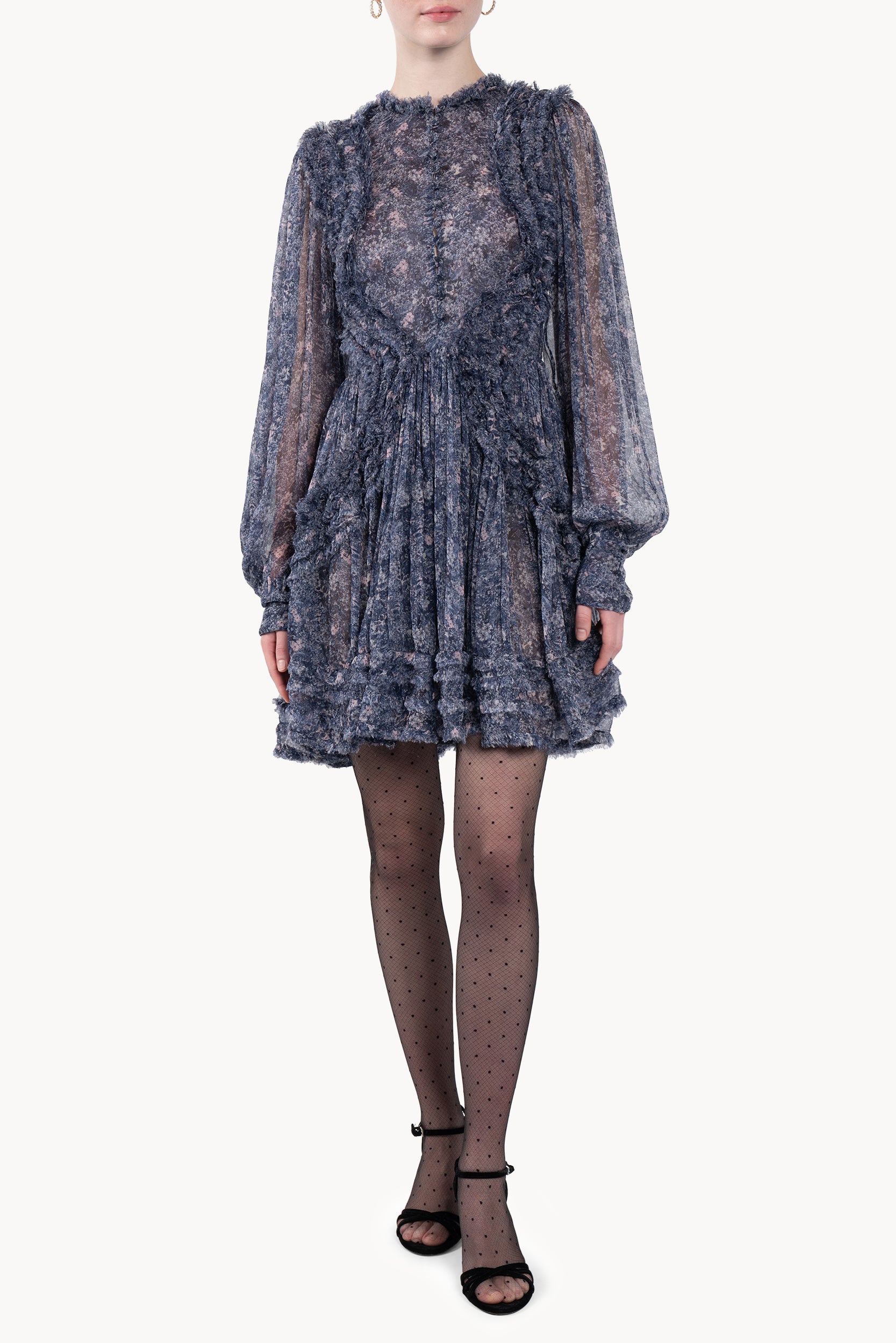 Short Chiffon Fringe Dress with Micro Flowers