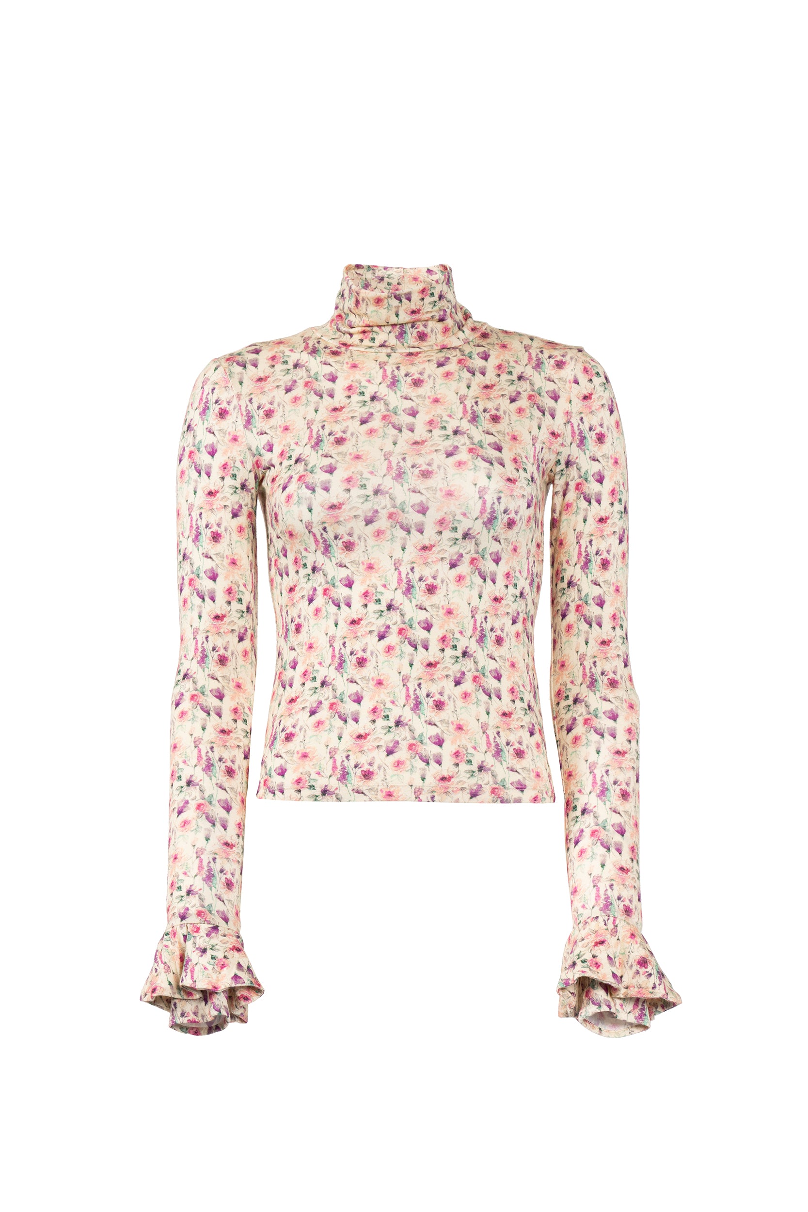 Dolcevita in jersey crema stampato con rose selvatiche
